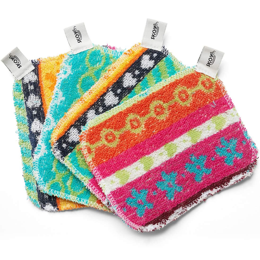 Skoy Scrub, 4-Pack Reusable, Non-Scratching Dish Scrubber for Kitchen and Household Cleaning, Planet-Friendly, Dishwasher Safe Soft Scrub, Assorted Colors and Designs Assorted 4-Pack