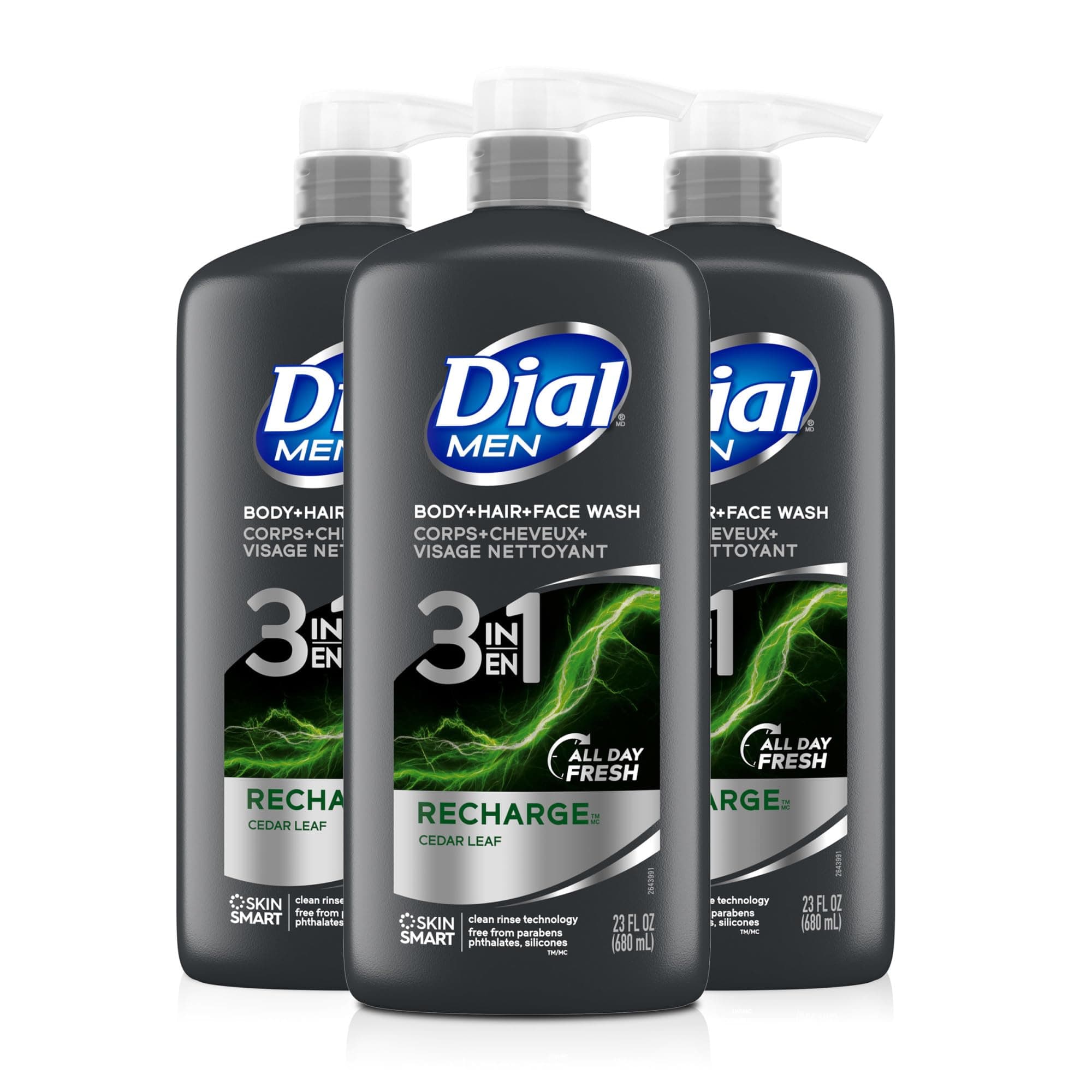 Dial Men 3in1 Body, Hair and Face Wash, Recharge, 69 fl oz (3-23 fl oz Bottles) Recharge 23 Fl Oz (Pack of 3)