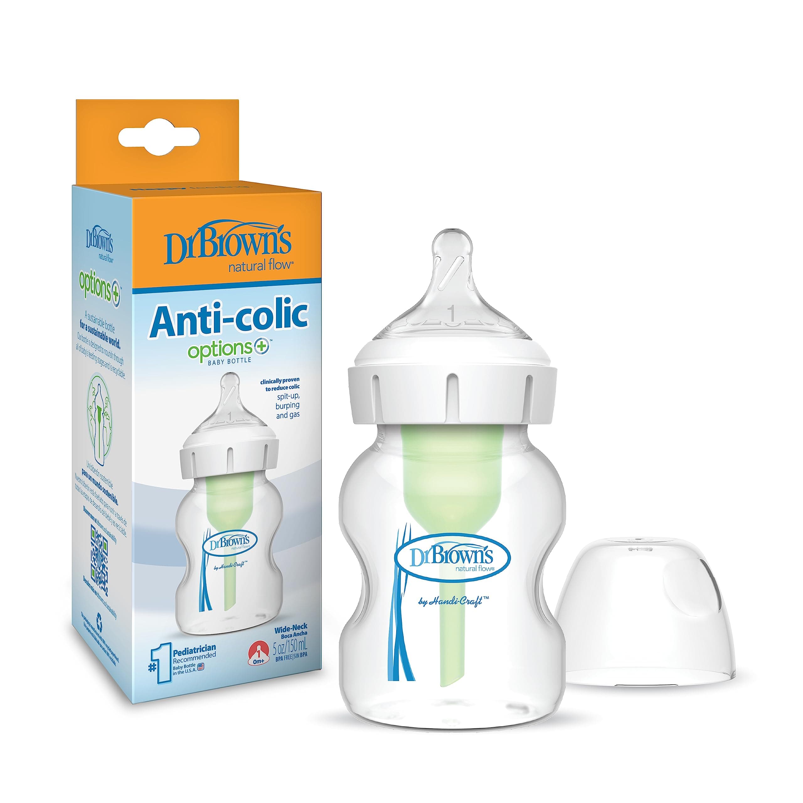 Dr. Brown’s Natural Flow Anti-Colic Options+Wide-Neck Baby Bottle, 5 oz/150 mL, Level 1 Nipple, 1-Pack, 0m+ 4-Pack, 5oz, Clear 1 Count (Pack of 1)