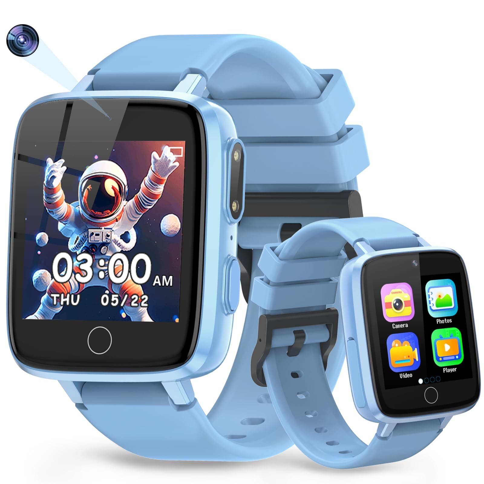 Smart Watch for Kids, 1.54" HD Touchscreen Watches with 26 Games, Camera, Video Recorder, Music, Pedometer, Alarm Clock Calendaring, Flashlight, IP67 Waterproof Birthday Toys for 3-12 Years Old Kids Sky Blue