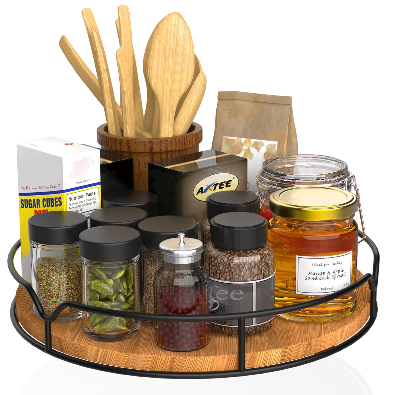 Lazy Susan Turntable Organizer for Cabinet Pantry Kitchen Countertop Refrigerator Cupboard, Pine Wood, 9", Carbonized Black Carbonized Black 9''