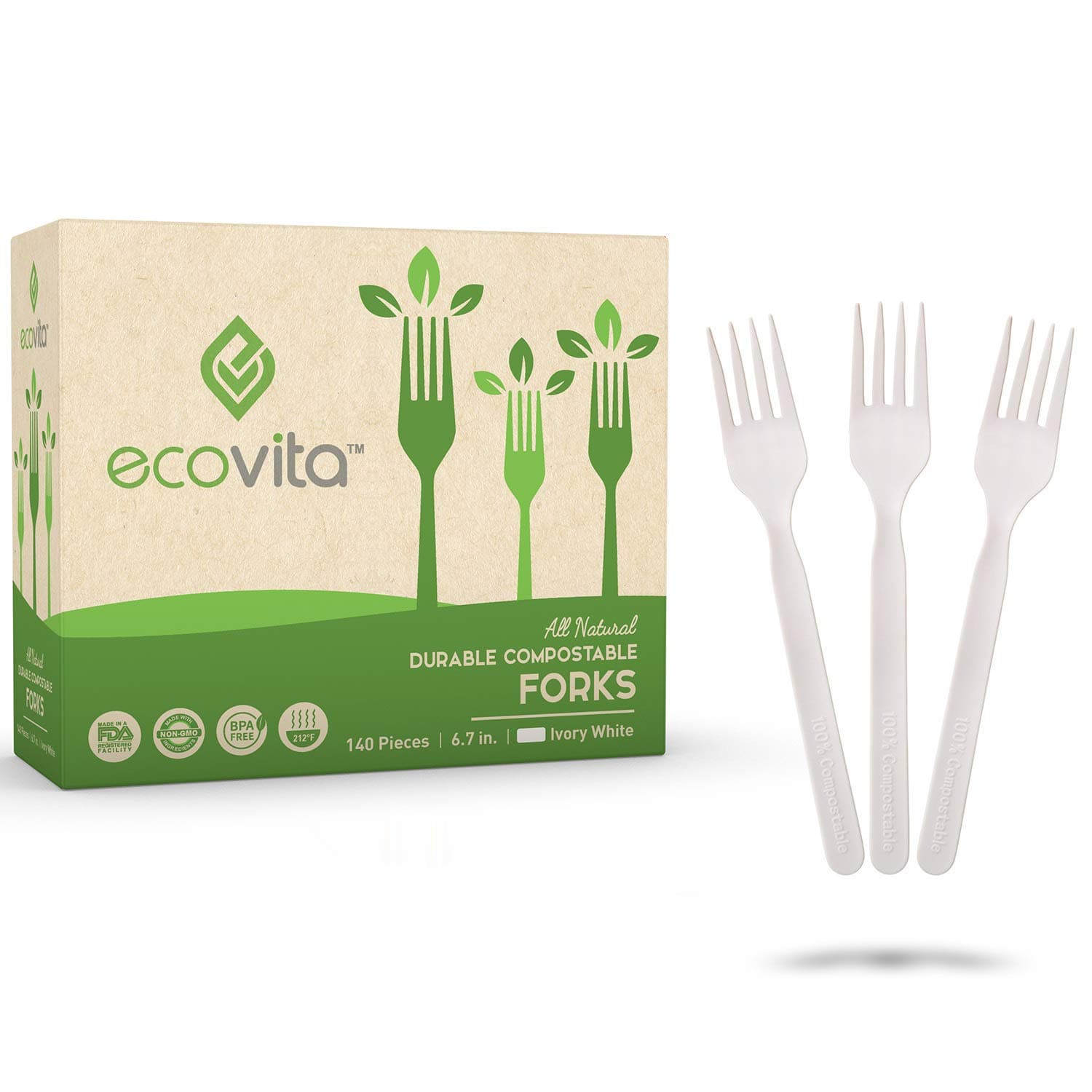 100% Compostable Forks - 140 Large Disposable Utensils (7 in.) Eco Friendly Durable and Heat Resistant Alternative to Plastic Forks with Convenient Tray by Ecovita Ivory White 1