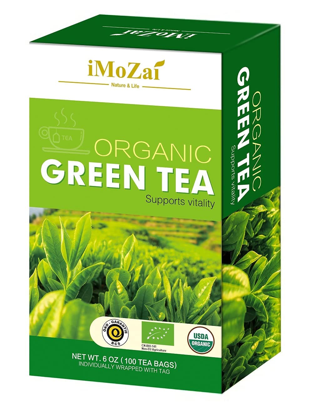 Imozai Organic Green Tea Bags 100 Count Individually Wrapped green tea 100 Count (Pack of 1)