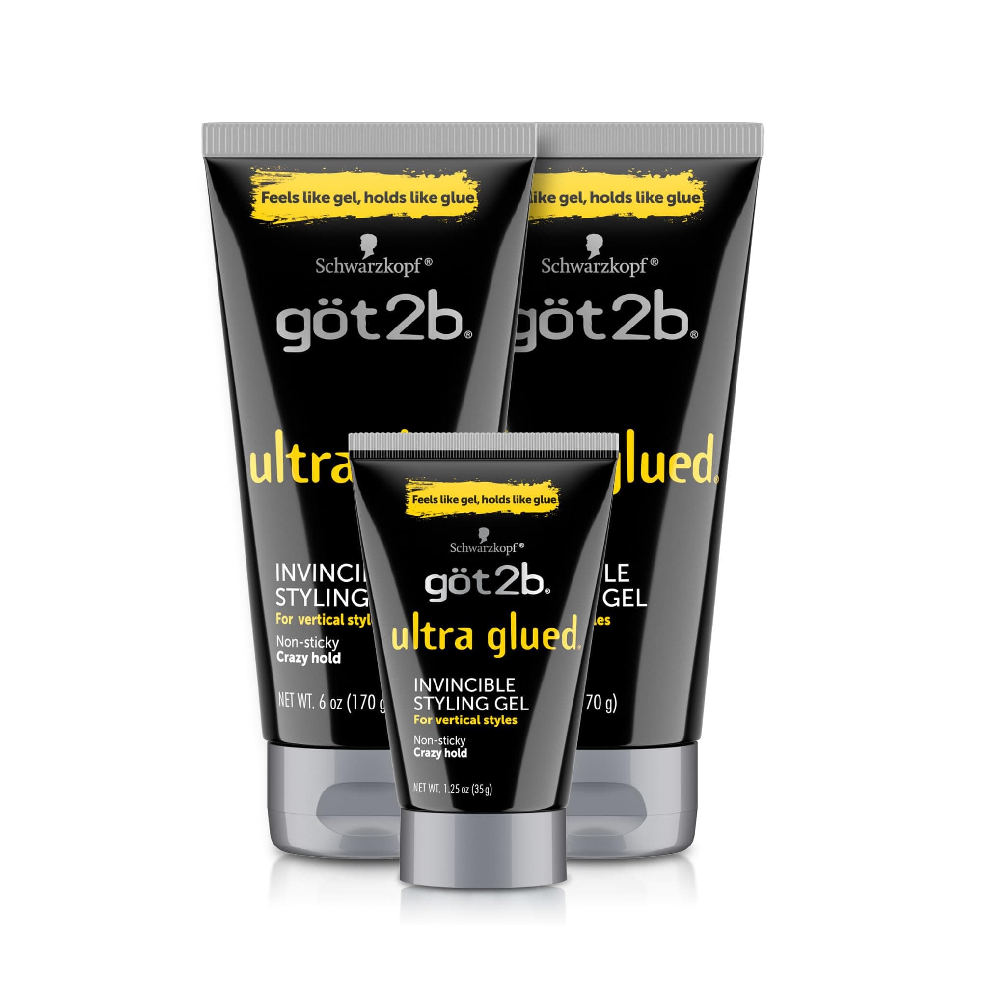 got2b Ultra Glued Invincible Styling Gel Set, 6 Fl Oz (2-Tube) + 1.25 Fl Oz Travel Size, Hair Gel for Men and Women with Extra Strong Hold, Non-Sticky, No-Flake Formula for Vertical Styles Styling Gel + Travel 13.25 Fl Oz (Pack of 1)