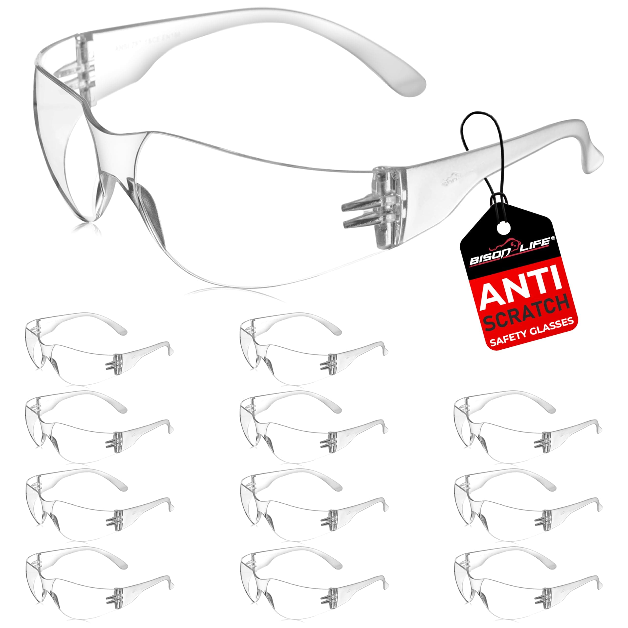 BISON LIFE Safety Glasses - Scratch Resistant Wrap Around Eyewear, Polycarbonate ANSI Z87.1 Impact Resistant Lens Clear/Clear 12