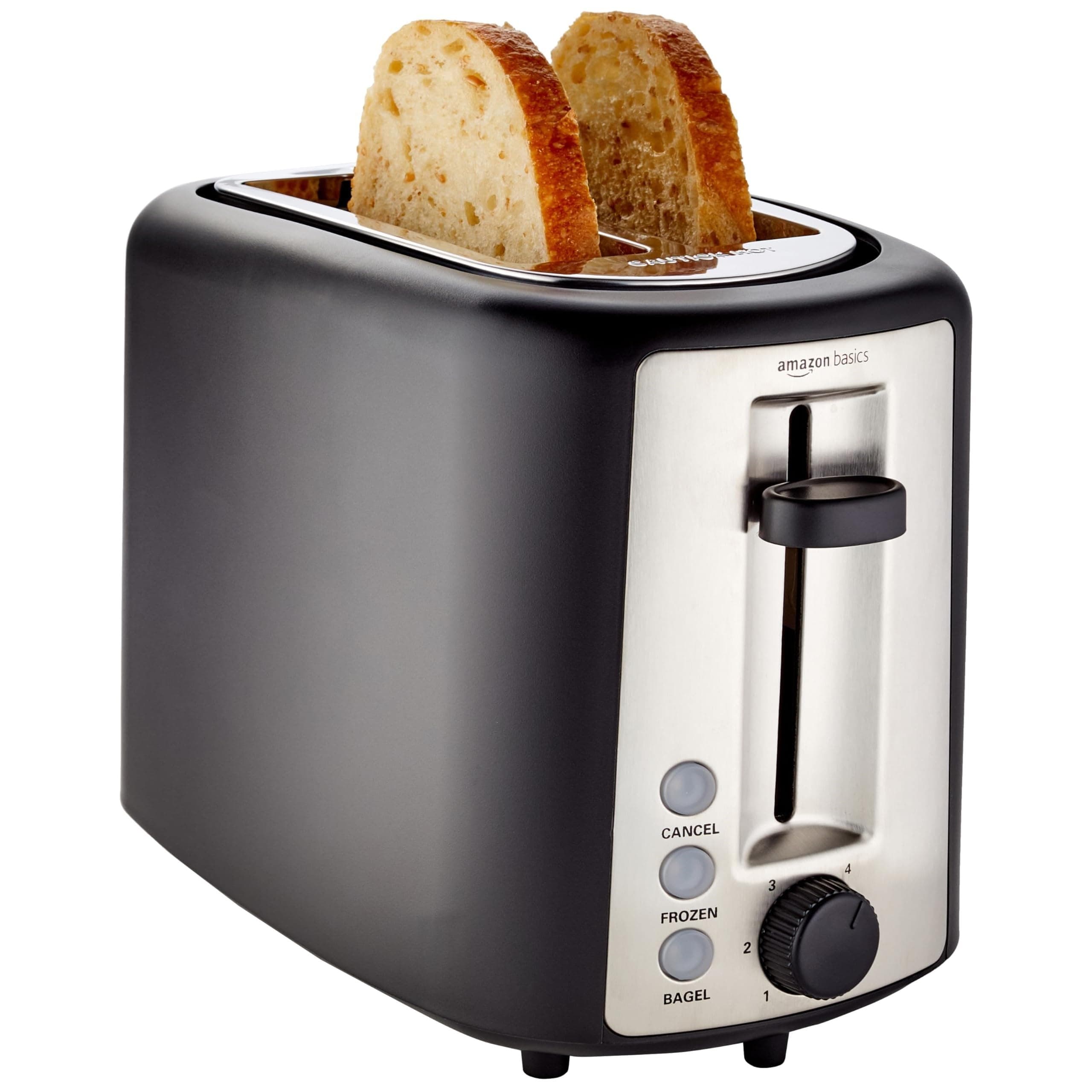 Amazon Basics 2 Slice Toaster, With 6 Browning Settings, Extra Wide Slots For Bagels and Special Breads, Removable Easy-to-Clean Crumb Tray, Cancel/Defrost/Bagel Buttons, 900W, Black & Silver 2 Slice Silver Front