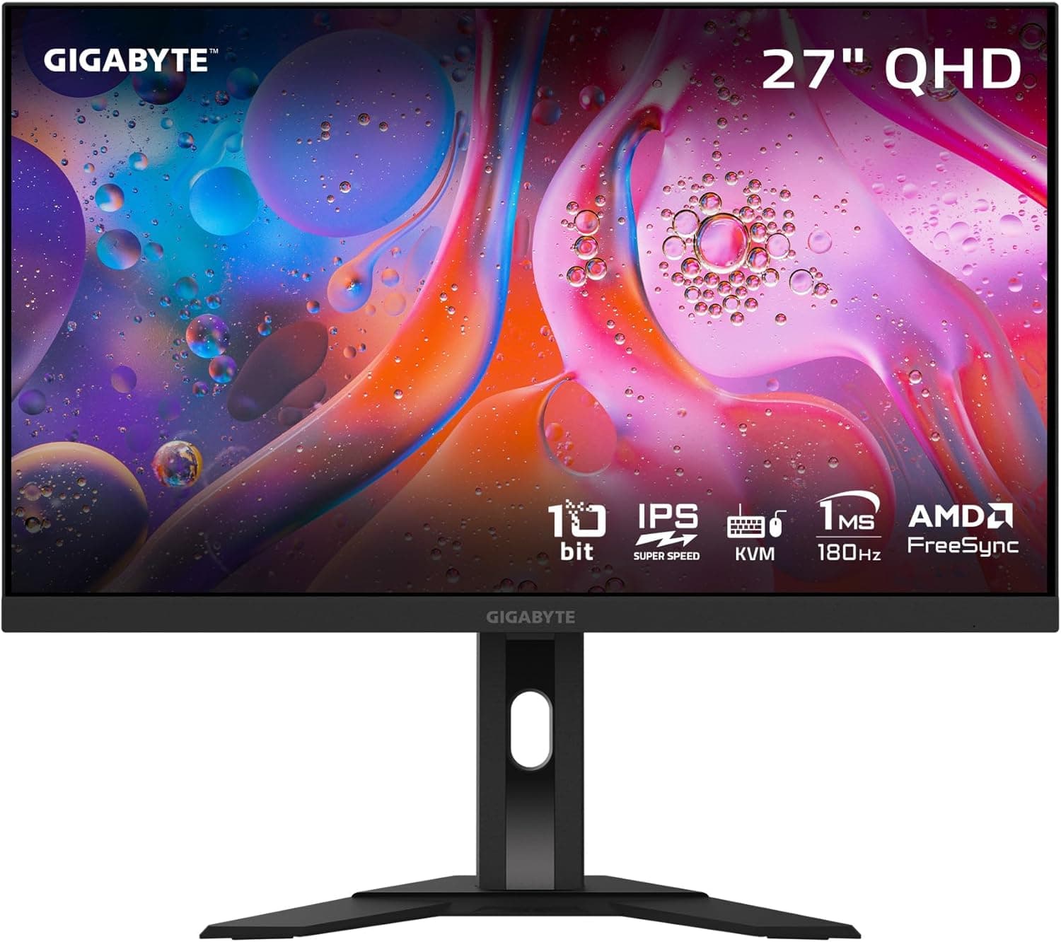 GIGABYTE - M27Q Advanced (US) - 27" SS IPS Gaming Monitor - QHD 2560x1440-180Hz - 1ms MPRT - AMD FreeSync - Type C KVM - HDMI, DP, Type C - Height Adjustable - Black 27" SS IPS QHD 180Hz | Type C KVM
