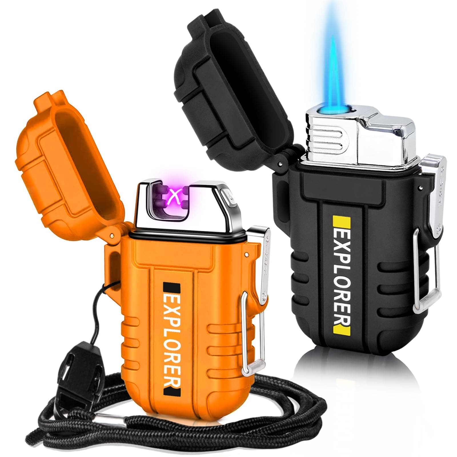 2 Pack Waterproof Lighter Outdoor Windproof Torch Lighters Dual Arc Butane Electric Lighters USB Rechargeable Lighters Flameless Plasma Lighter Camping Hiking Adventure Survival Tactical Gear Orange+black