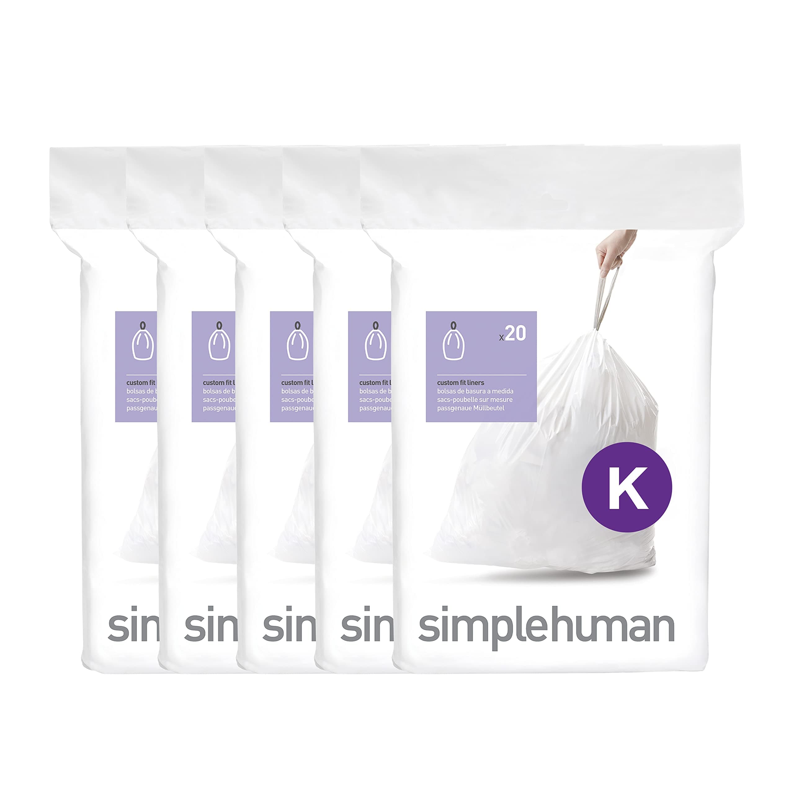 simplehuman Code K 100 Count, Dispenser Pack Custom Fit Liners, Drawstring Trash Bags, 35-45 Liter / 9-12 Gallon, White 100 Count (Pack of 1) Code K
