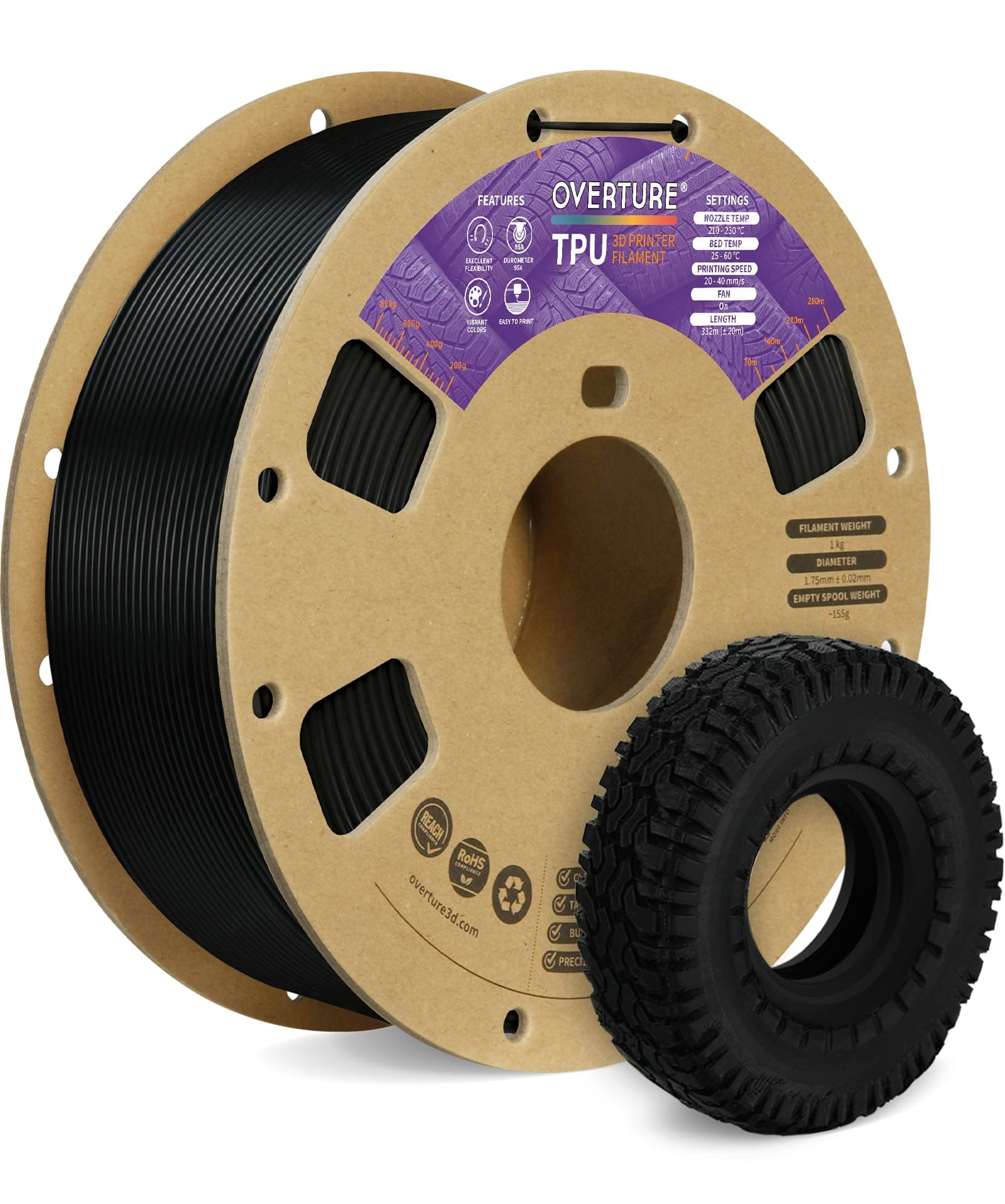OVERTURE TPU Filament 1.75mm Flexible Roll, 95A Soft 3D Printer Filament, 1kg Spool (2.2 lbs), Fit Most FDM Printer (TPU Black) 1kg Tpu Black