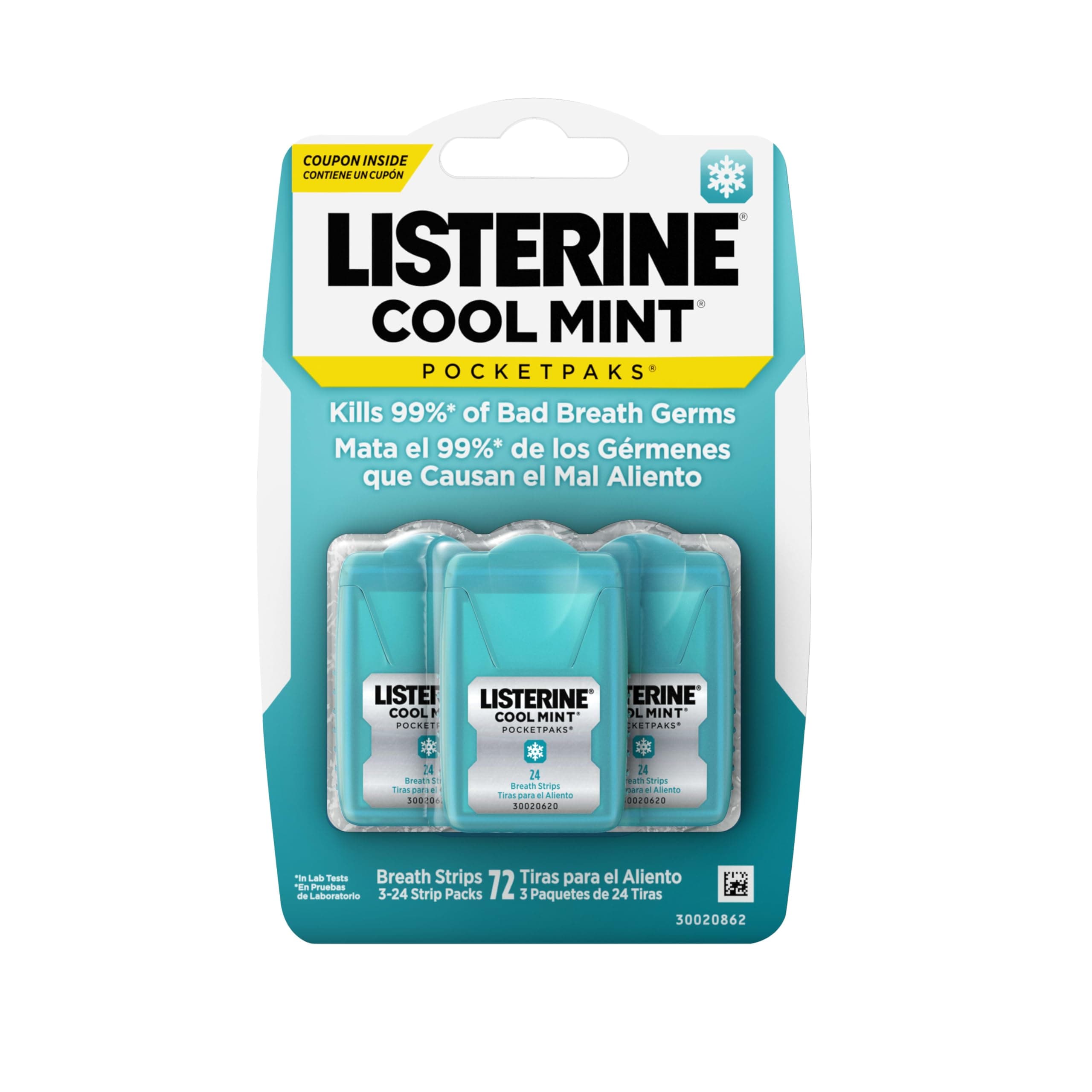 Listerine PocketPaks Cool Mint Breath Strips, Portable Pocket-Sized Oral Care Mouth Freshener, Dissolving Strips Kill 99% of Bad Breath Germs, Sugar Free, 3 x 24-Strip Packs 24 Count (Pack of 3)