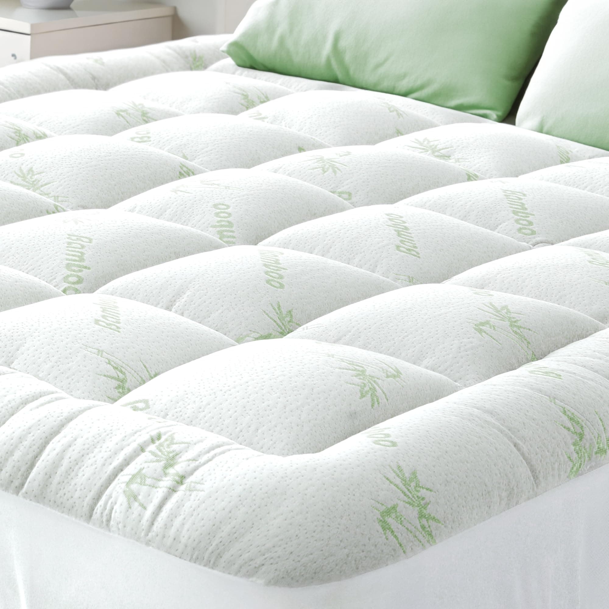 Ultra Soft Queen Size Mattress Topper - Viscose Made from Bamboo Pillow Top Mattress Pad for Back Pain Relief - Naturally Cooling for Hot Sleepers, Green Green Queen