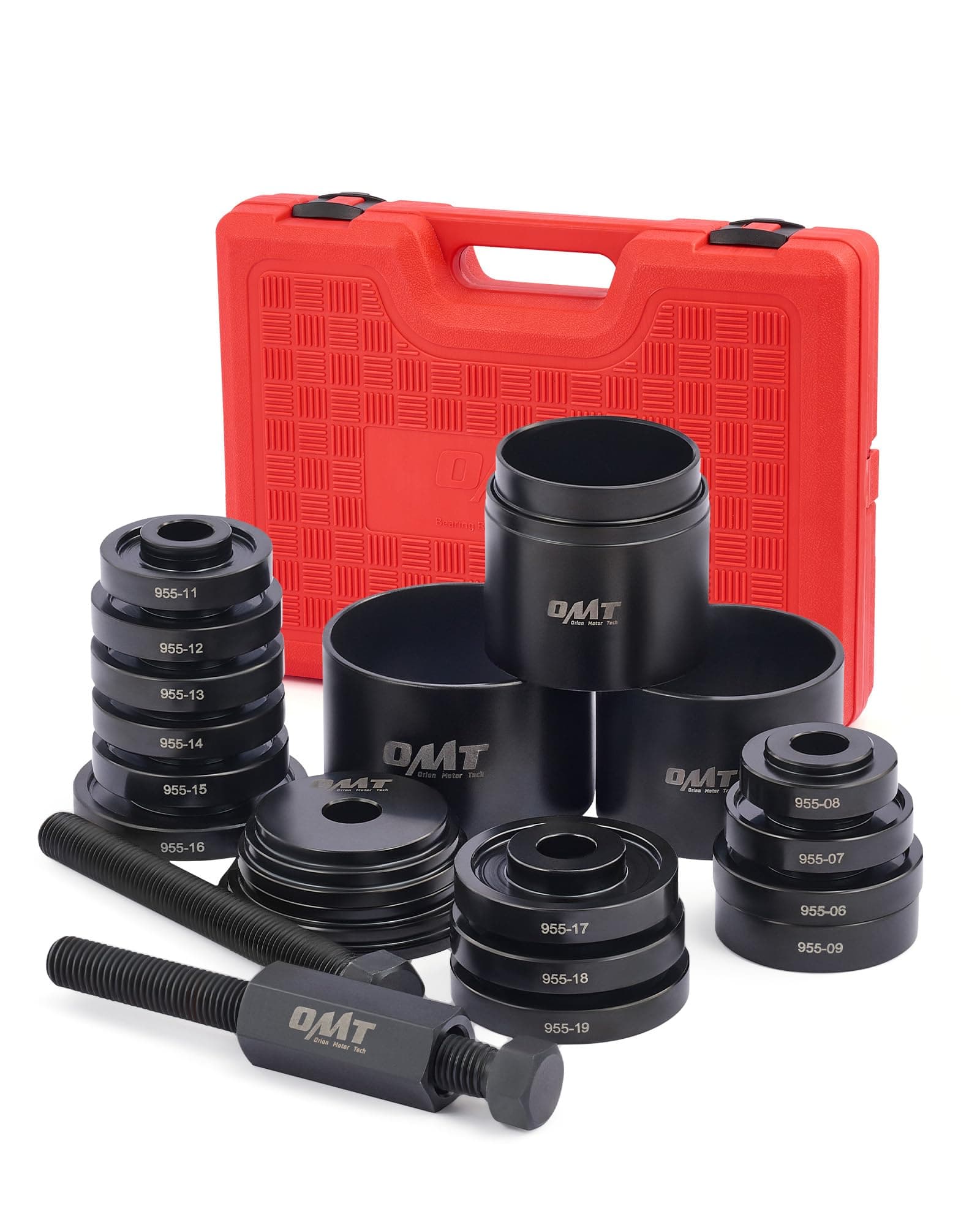 Orion Motor Tech Wheel Bearing Press Kit for Front Wheel Drive Bearing Removal & Installation, 24pc Wheel Bearing Puller Tool Set with Sliding Screws Universal Bushings Sleeves Storage Case RED,BLACK