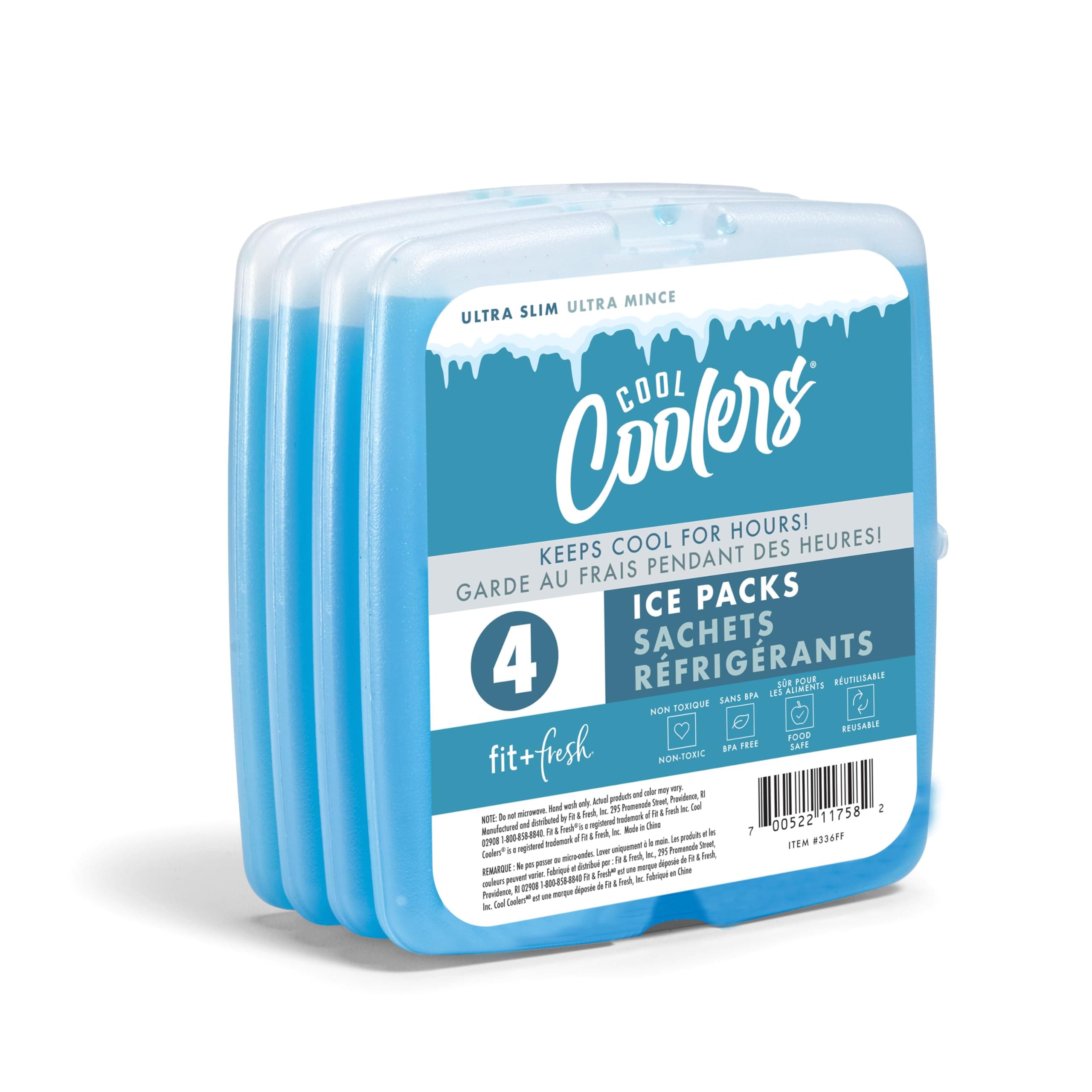 Cool Coolers By Fit & Fresh 4 Pack Slim Ice Packs, Quick Freeze Space Saving Reusable Ice Packs for Lunch Boxes or Coolers, Blue Clear Blue