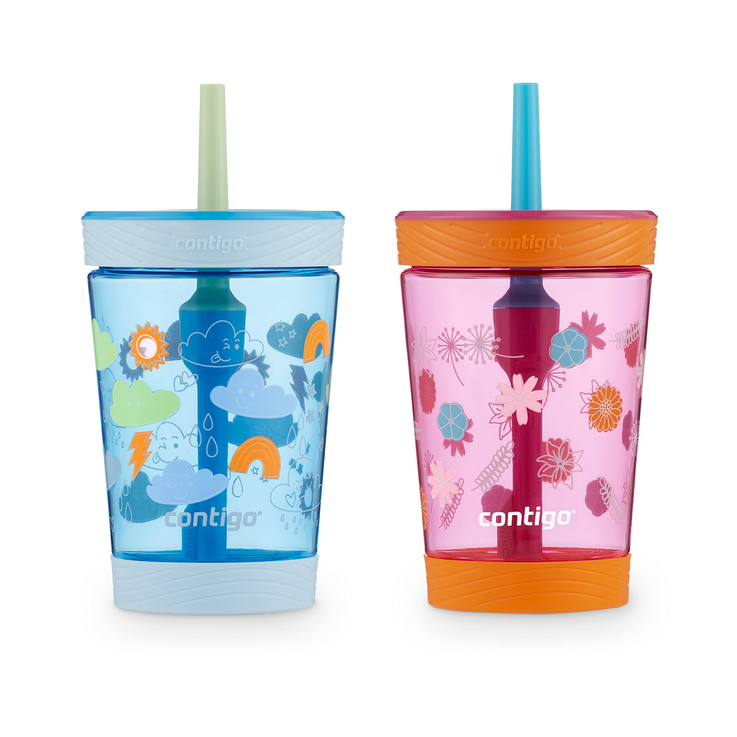 Contigo Kids Spill-Proof Tumbler with Straw 14 oz. 2 Pack 14 Ounces Dragonfruit Wildflowers & Blue Poppy Clouds