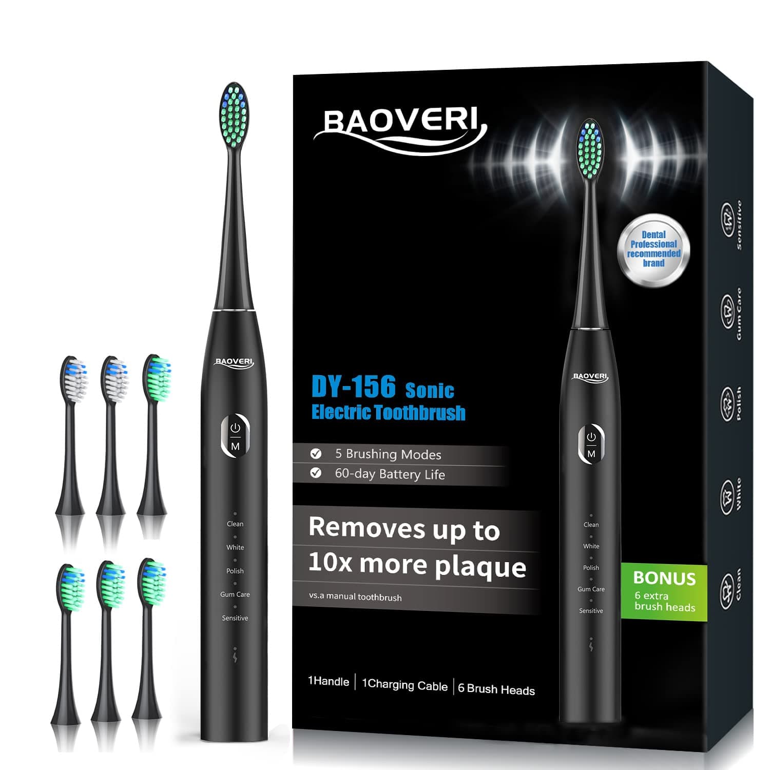 BAOVERI Electric Toothbrush for Adults & Kids,Rechargeable Ultrasonic Electric Toothbrush with 6 Dupont Brush Heads, IPX7 Waterproof, 5 Modes, 2 Minutes Smart Timer, 4 Hours Fast Charge for 60 Days DY-156 Black