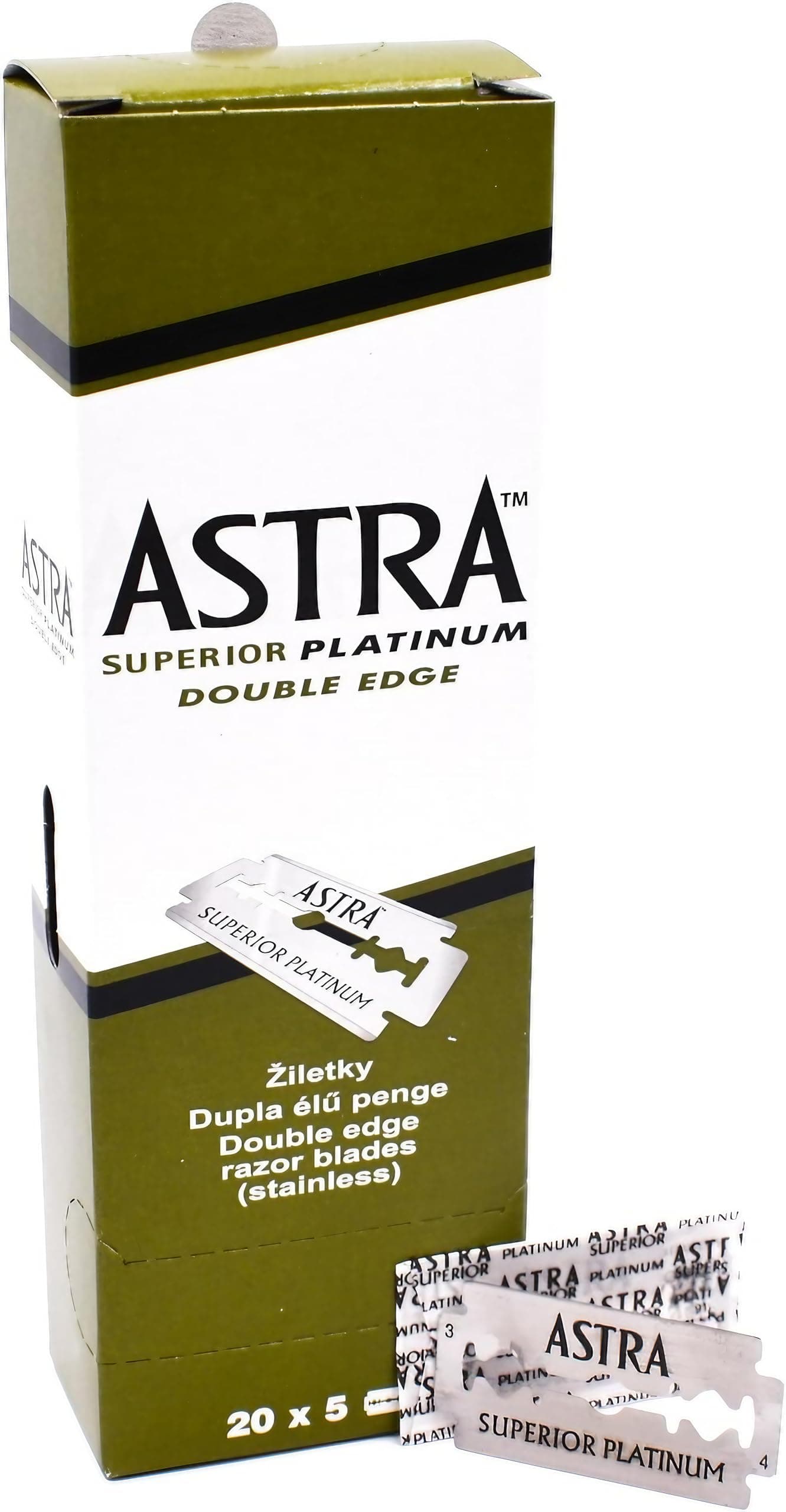 Astra Platinum Double Edge Safety Razor Blades,100 Blades (20 x 5) 100 Count (Pack of 1)