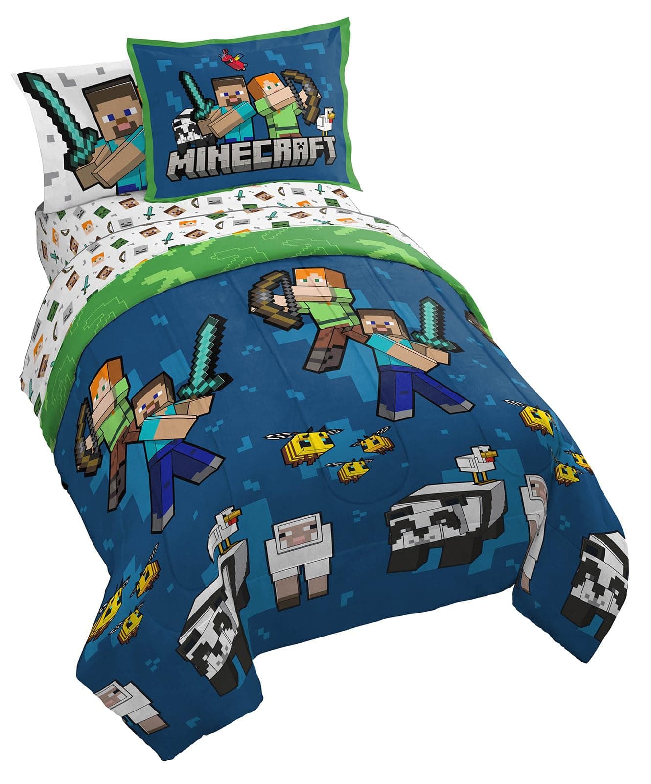 Jay Franco Minecraft Twin Comforter Set - 5 Piece Bedding Includes Sheet Set & Pillow Covers - Super Soft Kids Bedding Features Creeper & Zombie Blue - Minecraft Twin