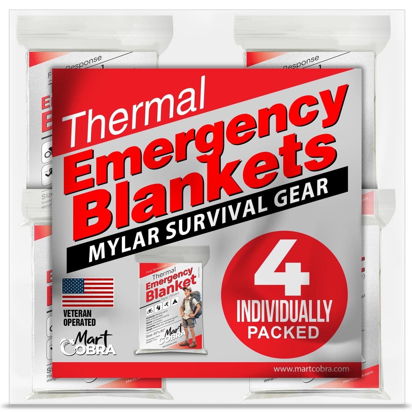 Emergency Blanket 4-Pack Space Mylar Blankets Survival Gear and Supplies Reusable Thermal Camping Hunting Essentials First Aid Car Backpacking Kit Prepper Bug Out Bag Foil Warm Cat Cold Snow Winter 4 Pack Silver