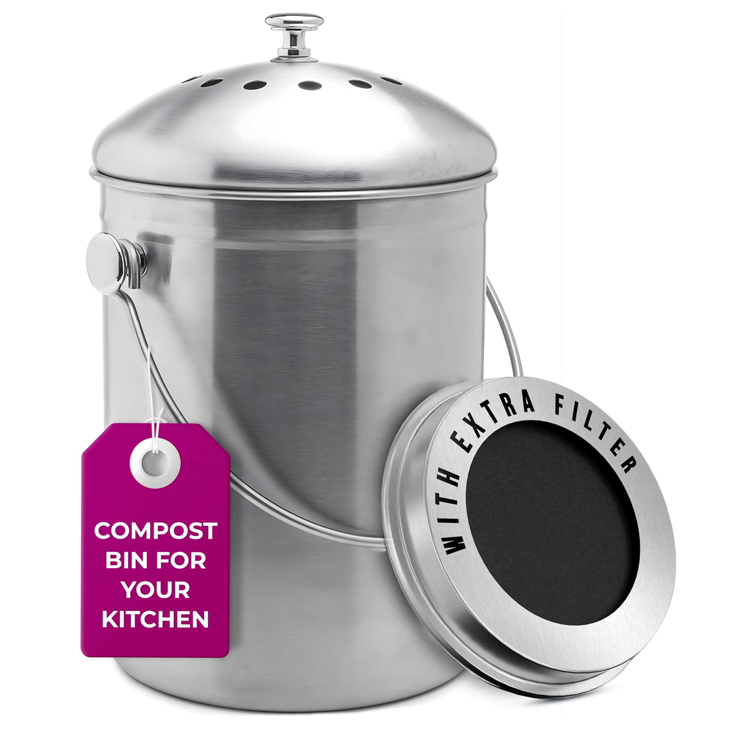 EPICA Countertop Compost Bin Kitchen | 1.3 Gallon | Odorless Composting Bin with Carbon Filters | Indoor Compost Bin with Lid | Stainless Steel Kitchen Composter for Food Scraps & Waste Recycling silver