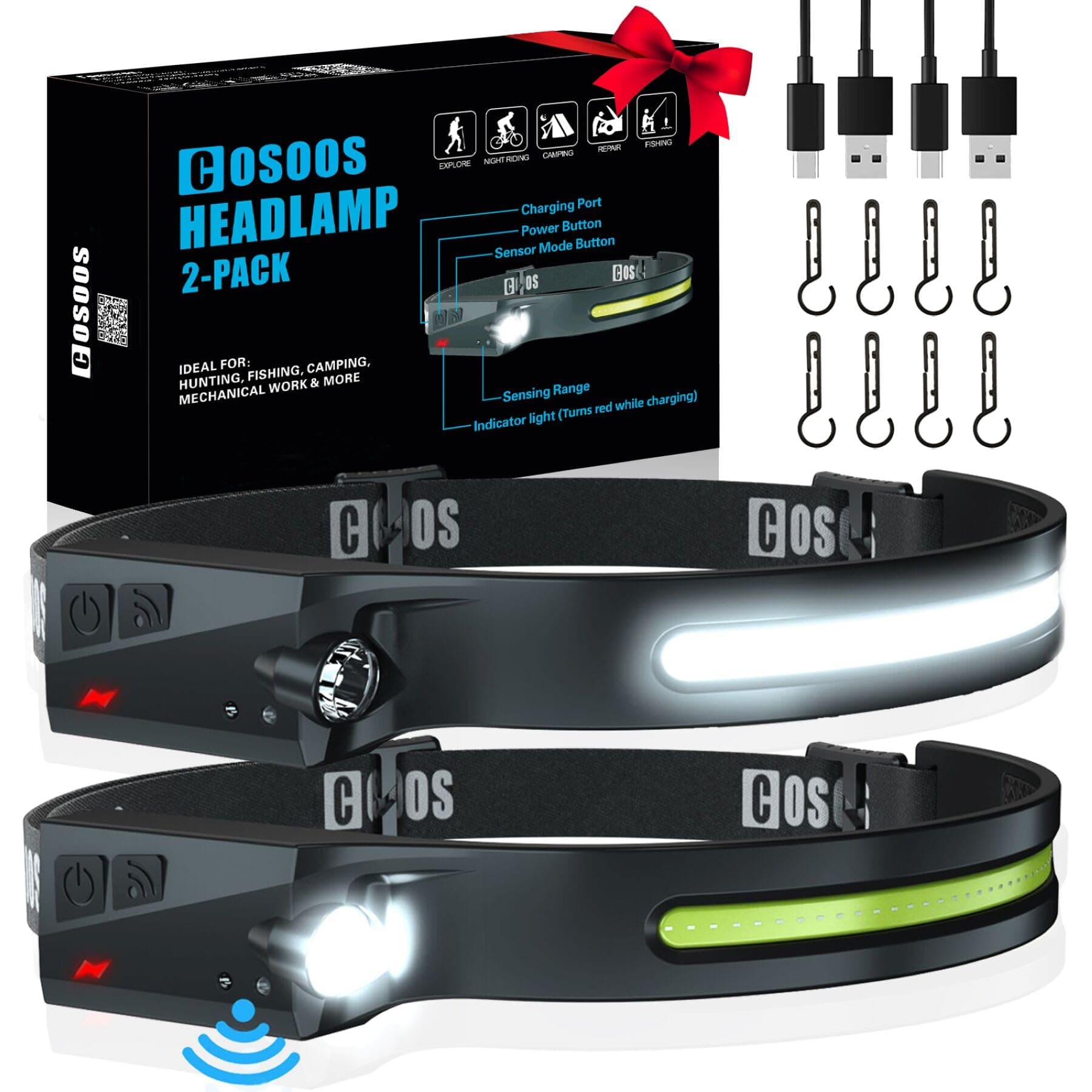COSOOS Original 2 Rechargeable Headlamps, Bright LED Headlamp Flashlight 1000 Lumen, 230 ° Wide Beam & Spot Light, Motion Sensor, 2.4 oz Head Lamp with Clips for Hardhat, Camping, Hiking 1 Black