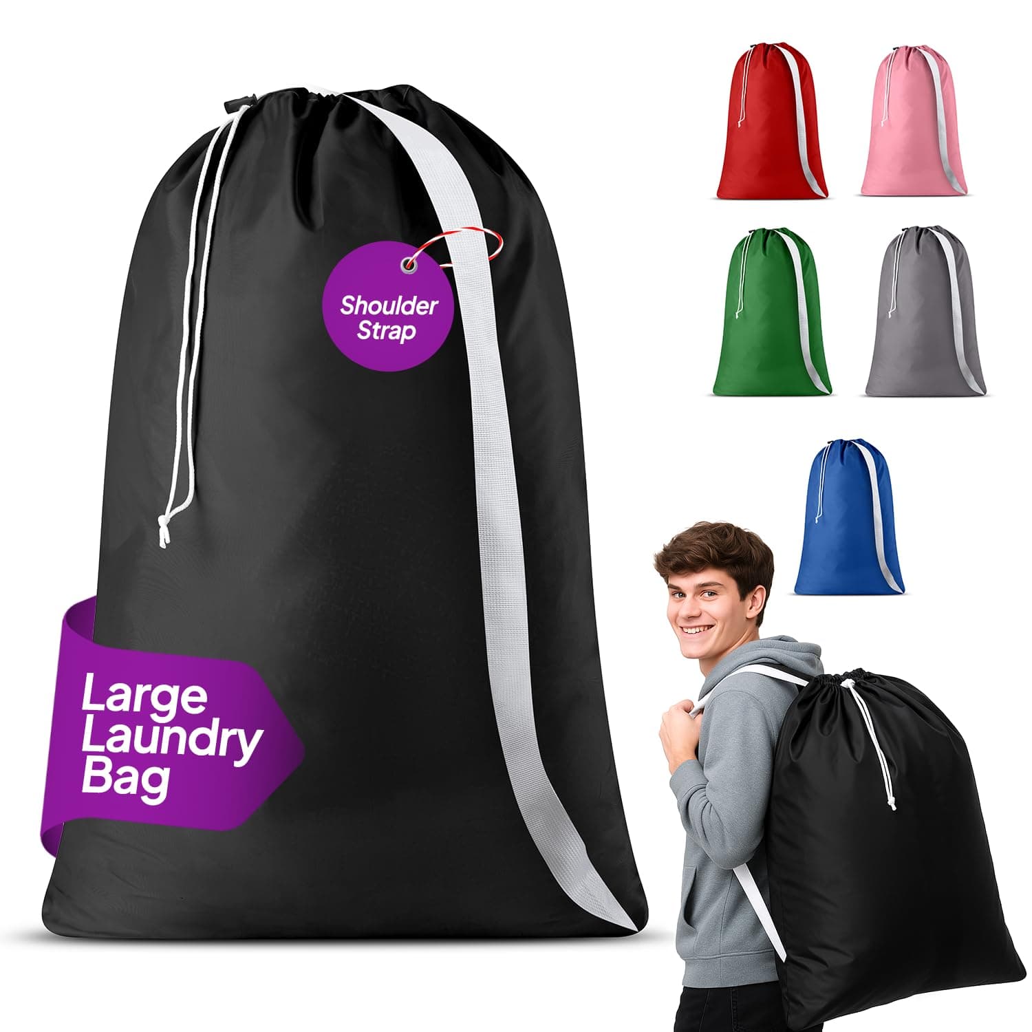 Handy Laundry Bag Shoulder Strap - Drawstring Locking Closure, Durable Material, Large Capacity, Heavy Duty Stitching, Hands Free Carrying - Perfect College Dorm (Black, 30" x 40") 1-Pack Black