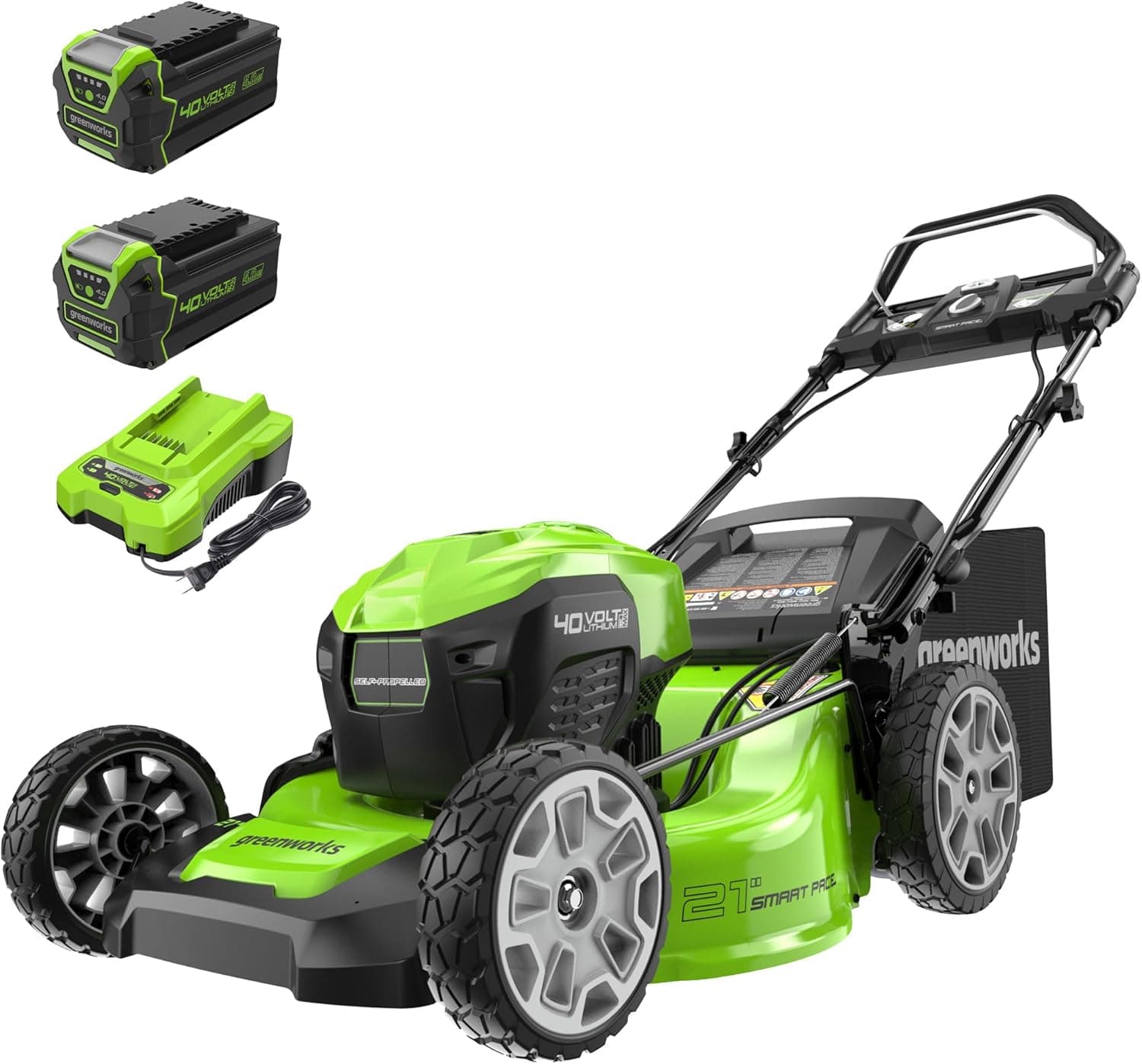 Greenworks 40V 21" Brushless Cordless (Smart Pace / Self-Propelled) Lawn Mower (75+ Compatible Tools), (2) 4.0Ah Batteries and Charger Included 21" Mower (2 x 4.0Ah)