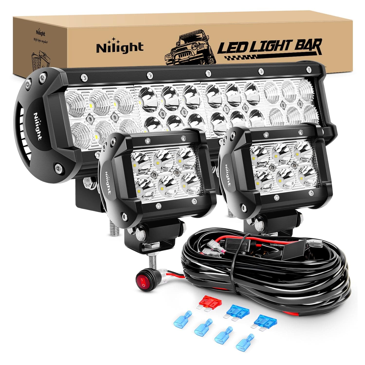 Nilight 12 Inch 72W Spot Flood Combo Led Light Bar 2Pcs 4Inch 18W Flood LED Pods Fog Lights Off Road with Wiring Harness Kit-3 Leads for Van Camper Car Pickup Golf Cart ATV UTV SUV Truck Boat 4x4 12 Inch 72W Light + 2 Pods + Wiring Harness 12 Inch Light Bar + 2 Pods