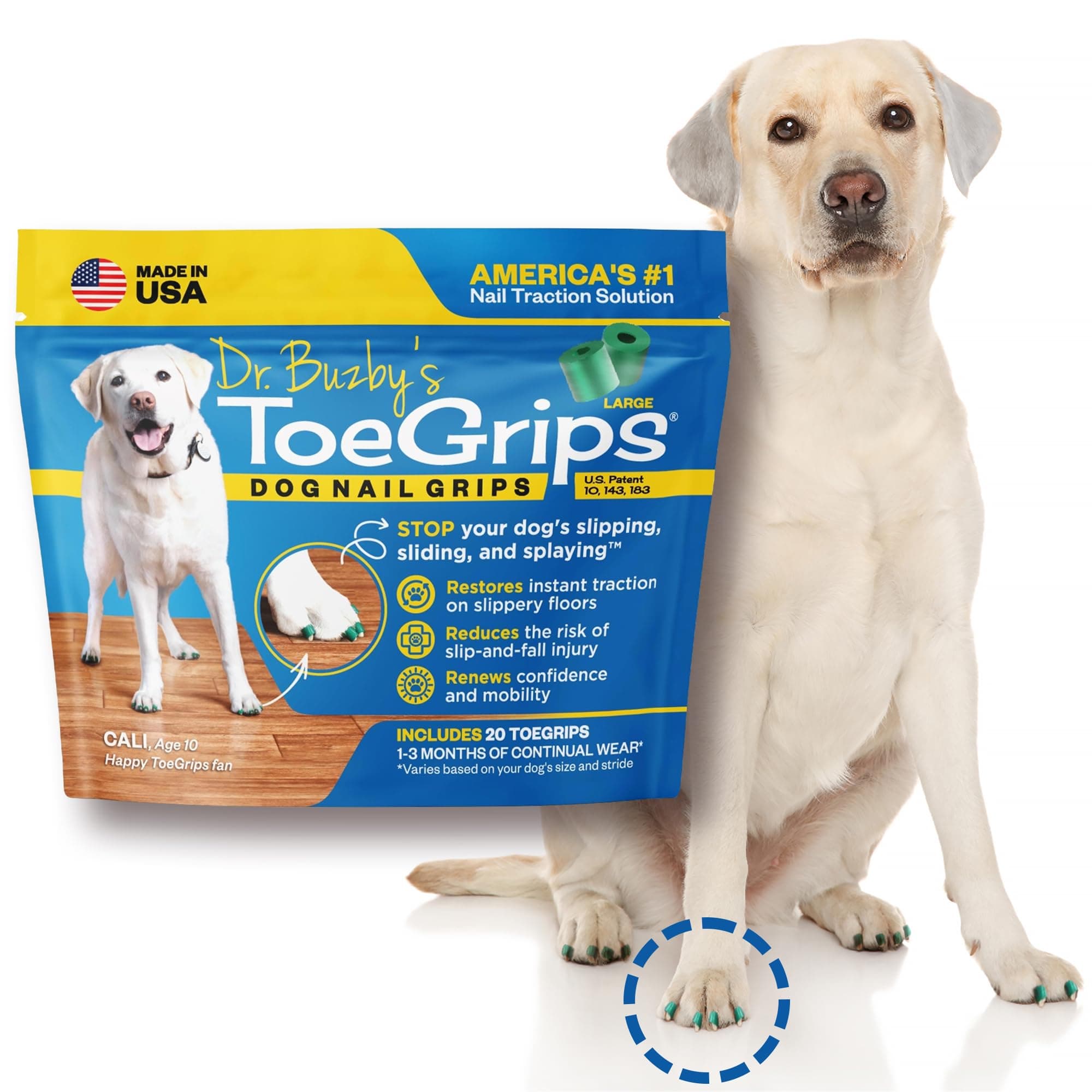 Dr Buzby's Large ToeGrips for Dogs - Instant Traction on Wood/Hardwood Floors - Anti Slip Relief - Grippers for Senior Dogs - Stop Sliding Instantly - Rubber Nails for Paws - 1 Pack (20 Grips) Large: dogs 40-74 lbs
