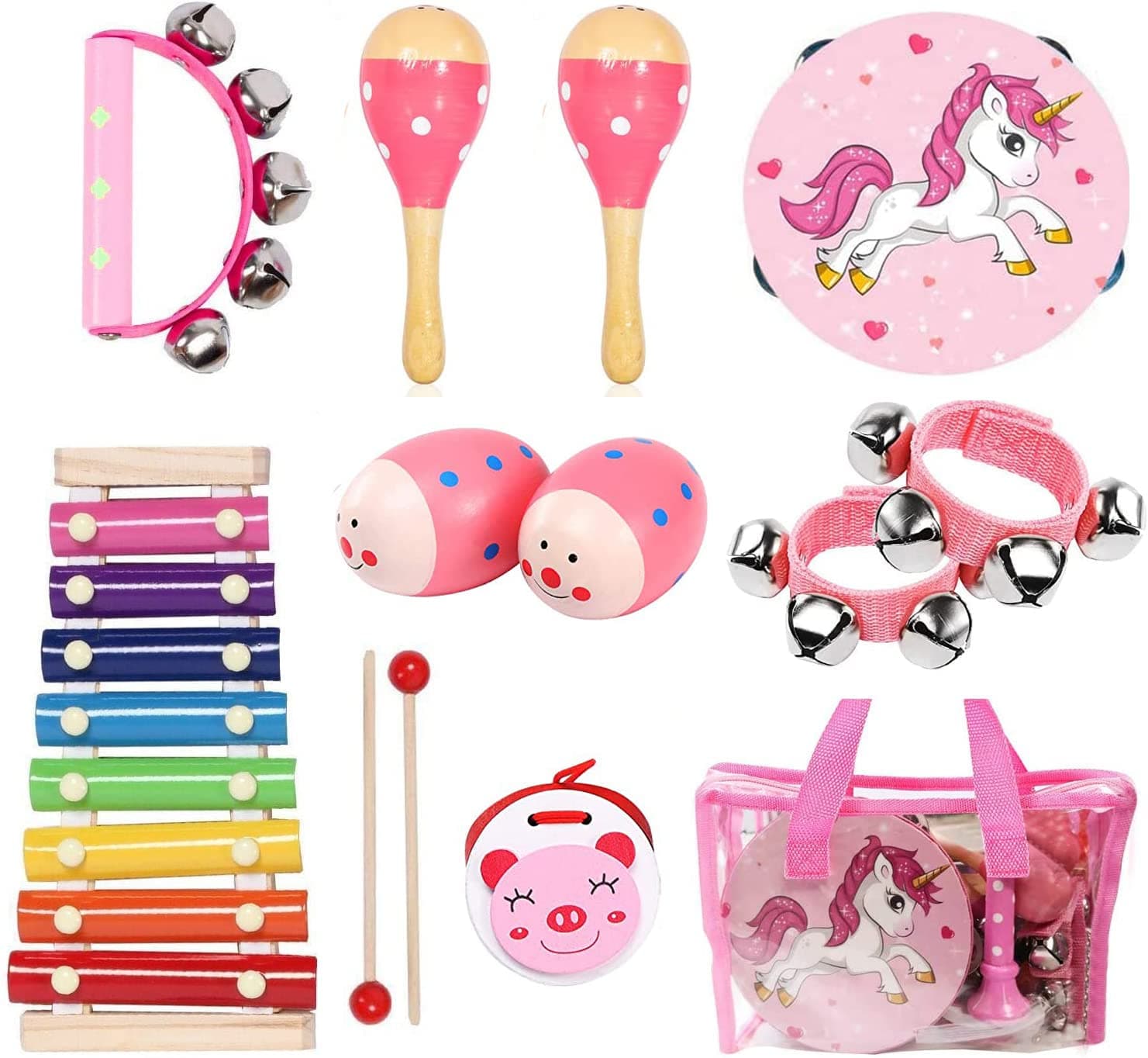 Kids Musical Instruments Sets, 12pcs Wooden Percussion Instruments Toys Tambourine Xylophone for Kids Playing Preschool Education, Early Learning Musical Toys for Boys Girls Chrismas Thanksgiving Gift Pink