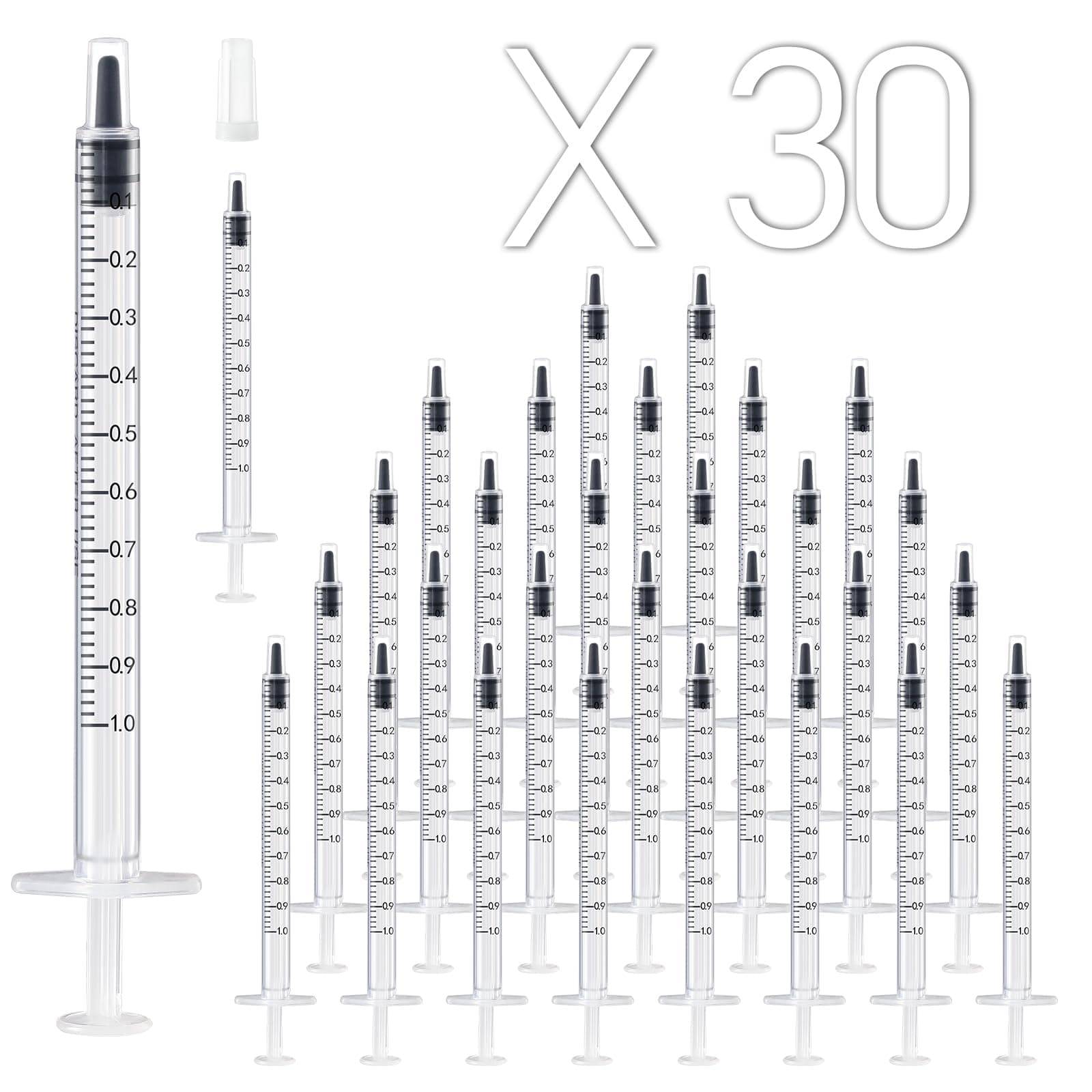 30 Pack 1ml Plastic Syringe with Cap, Sterile and Individually Sealed for Measuring, Watering, Refilling, Feeding Pets, Scientific Labs, Oil or Glue Applicator 1ML 30.0