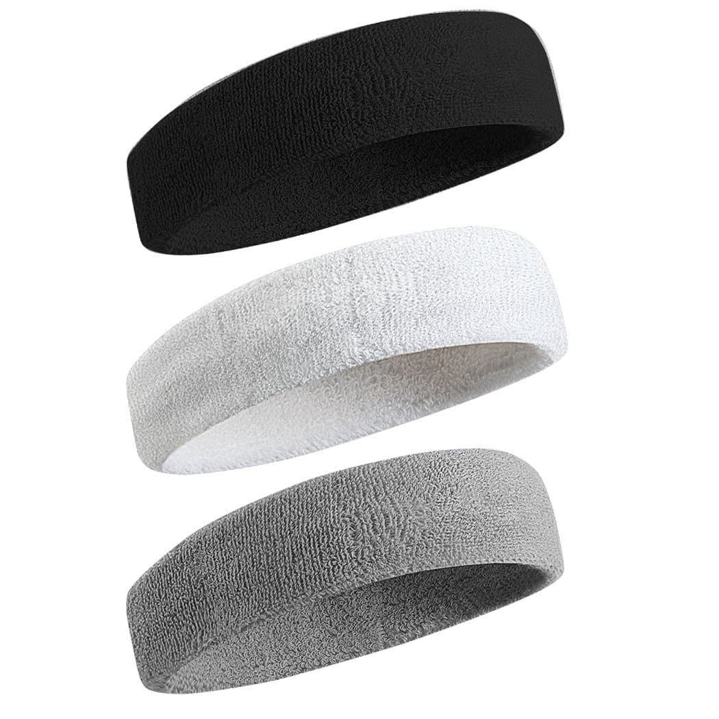 BEACE Sweatbands Sports Headband for Men & Women - Moisture Wicking Athletic Cotton Terry Cloth Sweatband for Tennis, Basketball, Running, Gym, Working Out Black/White/Gray