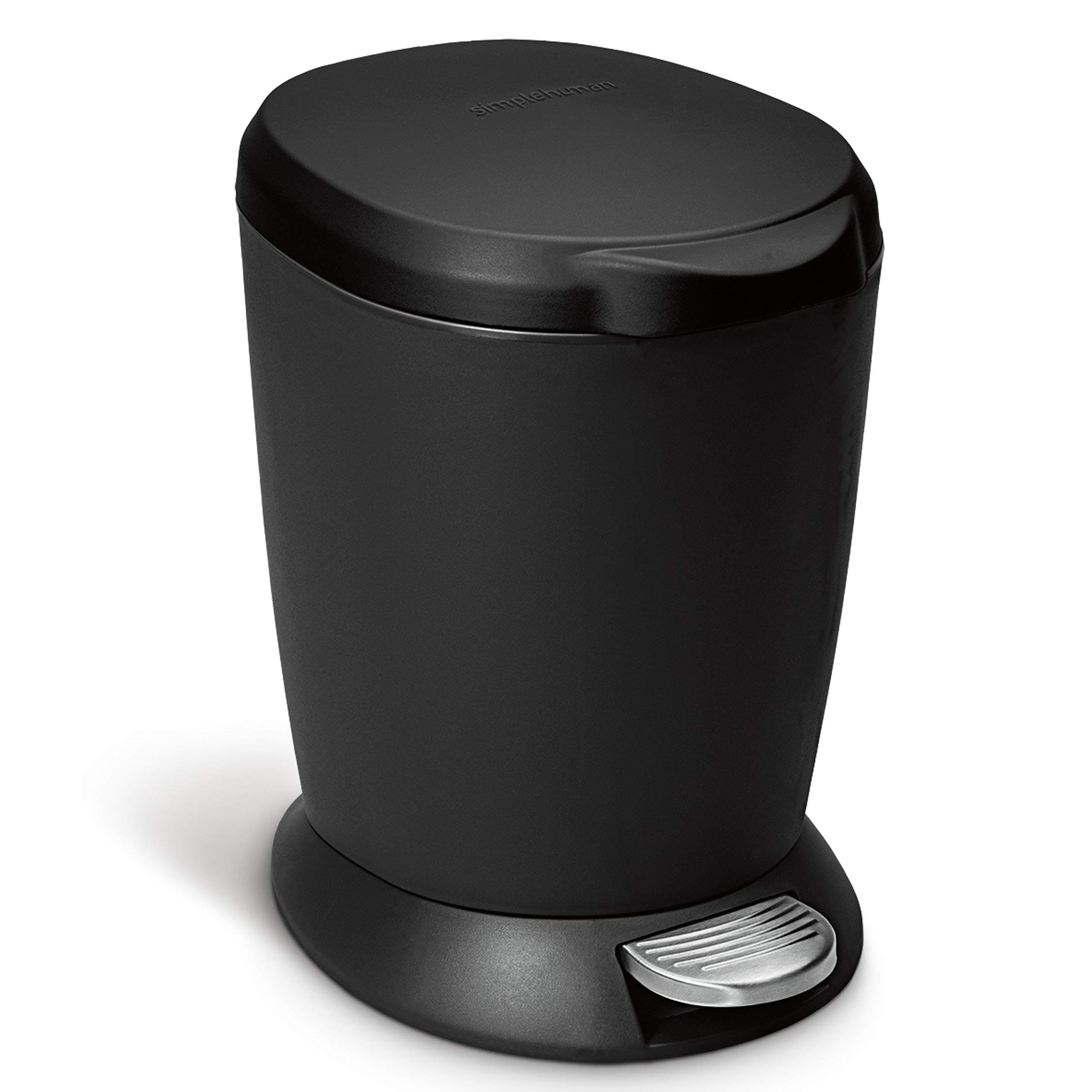 simplehuman 6 Liter / 1.6 Gallon Compact Plastic Round Bathroom Step Trash Can, Black Black Trash can