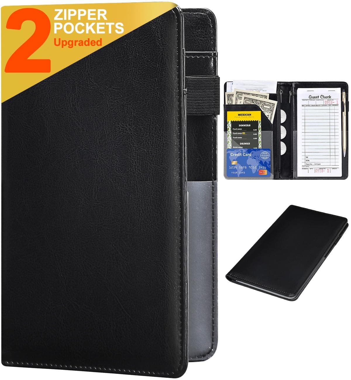 Server Books for Waitress - Leather Waiter Book Server Wallet with Zipper Pocket, Cute Waitstaff Organizer with Money Pocket Fit Waitress Apron(Classic Black)