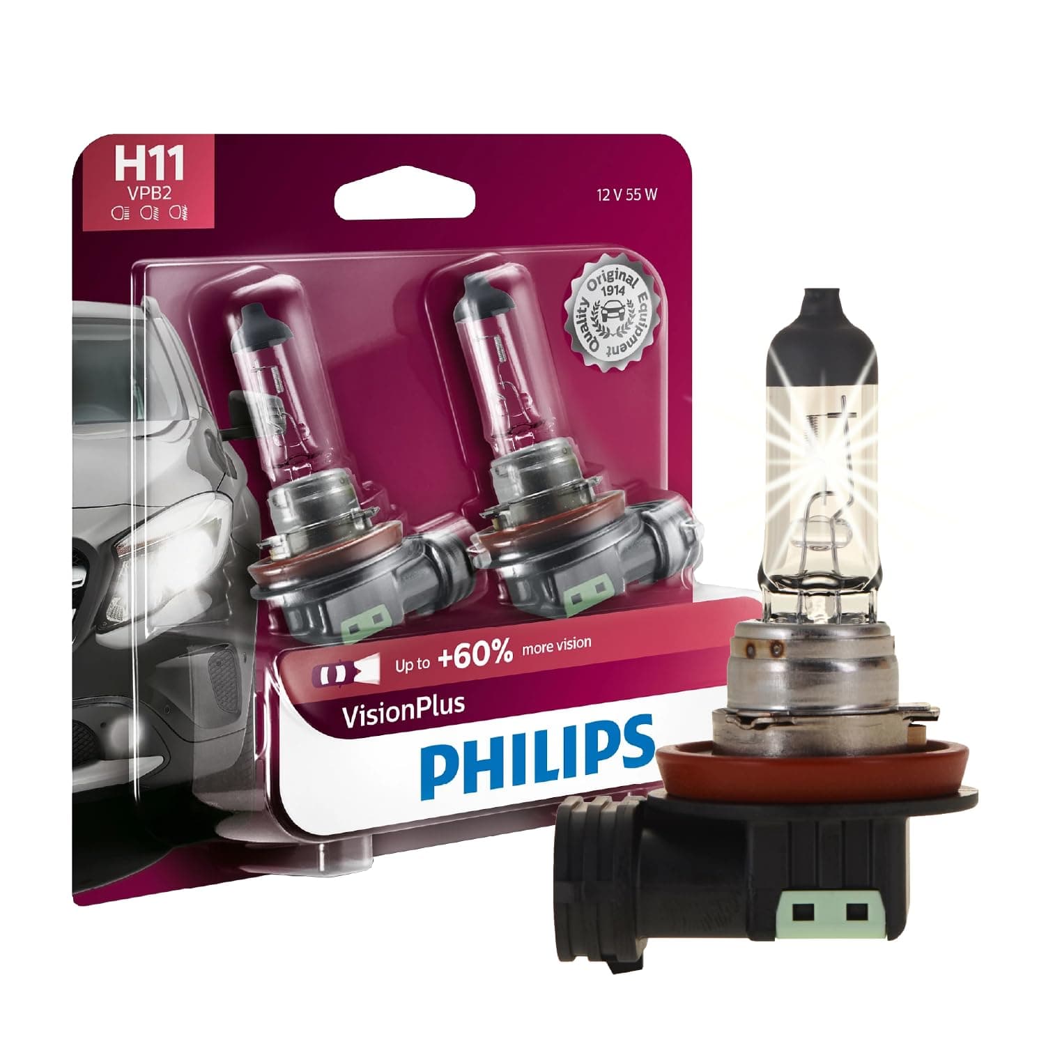Philips Automotive Lighting H11 VisionPlus Deluxe Upgrade Automotive Replacement Headlight Bulb, for High Beam, Low Beam, and Fog Positions (Pack of 2)
