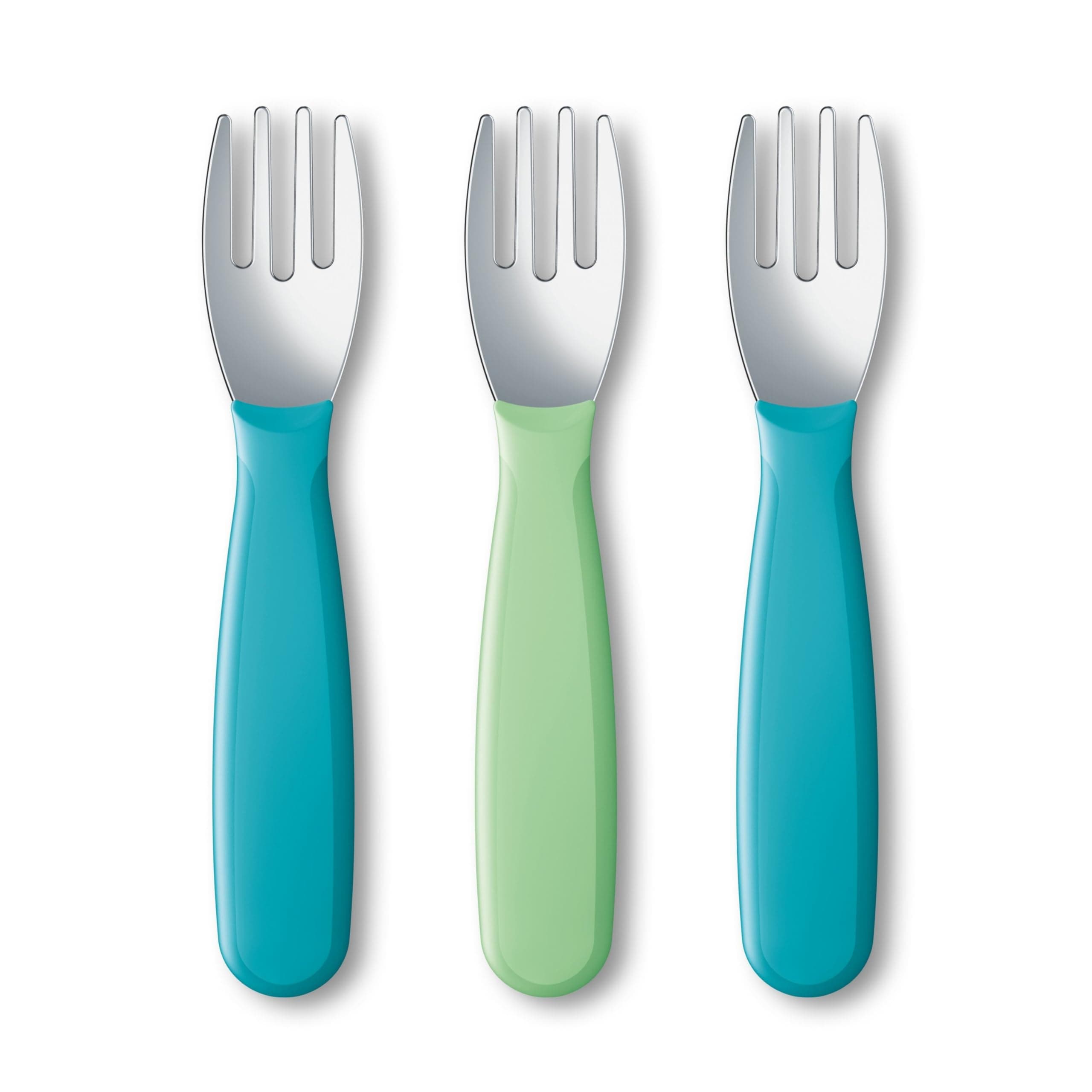 NUK Kiddy Cutlery Forks, Durable Stainless Steel, BPA & Latex-Free, 18+ Months, Pack of 3 Blue + Green 3 Count (Pack of 1) Forks