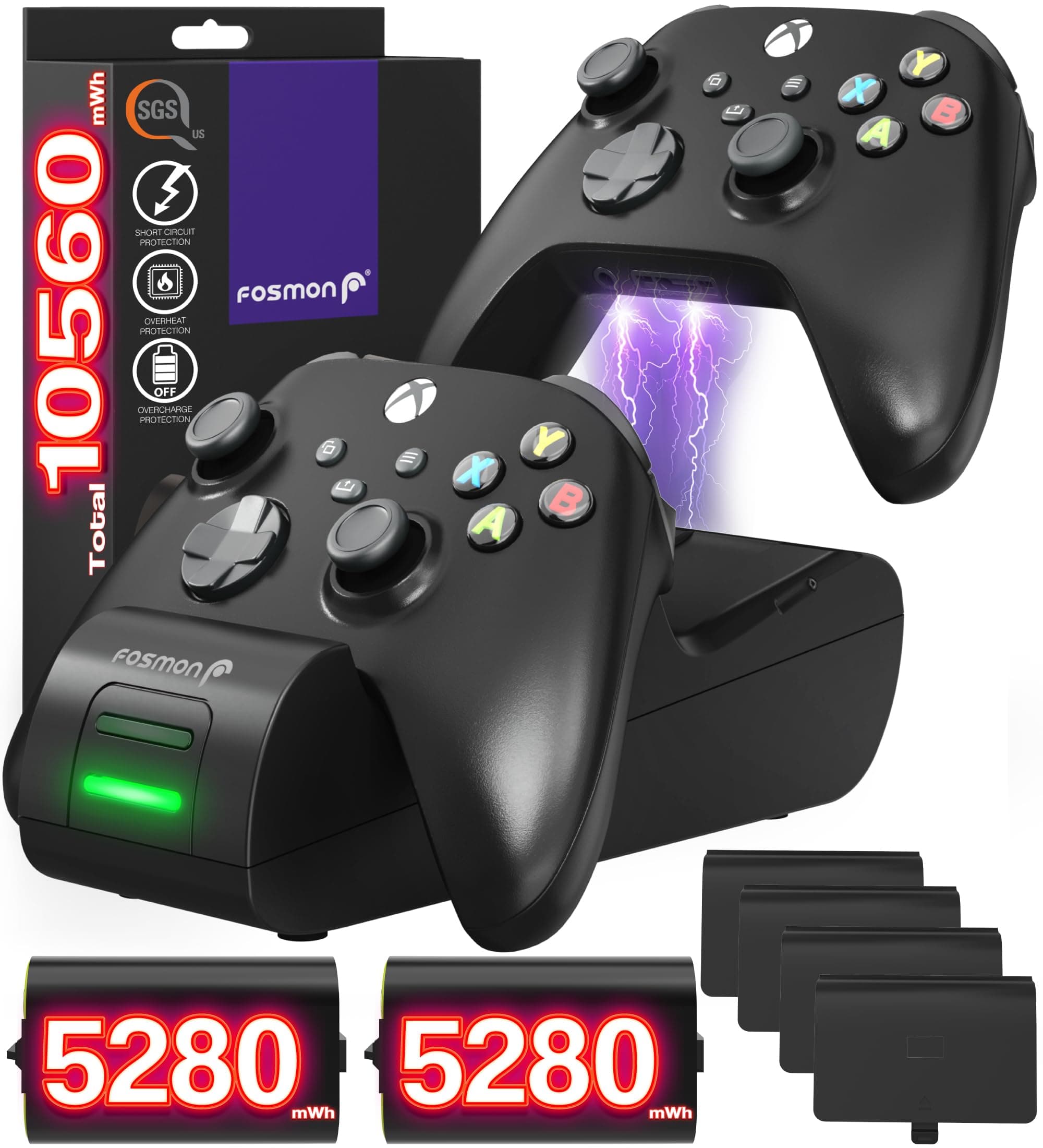 Fosmon Fast Charging for Xbox Controller Charger Station for Xbox Series X | S, Xbox One, Elite w/ 2X 5280mWh Rechargeable Battery Packs, 4 Covers & Dock Stand Black