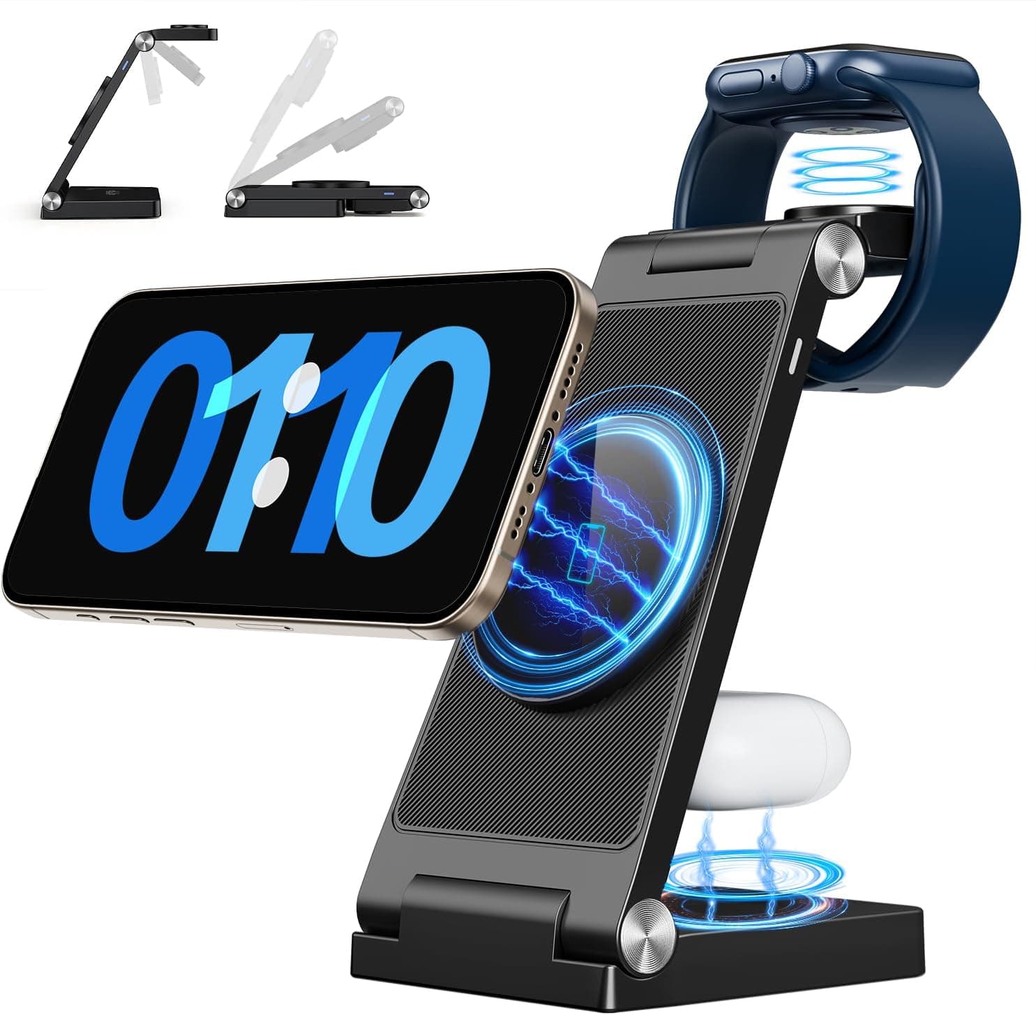 2025 Traveling Wireless Mag-Safe Fast Charging Station,Magnetic 3 in 1 Charger with Light for iPhone 17 16 15 14 13 12 Pro Max Plus,Apple Watch Series & Air pods 4 3 2 Pro-Gifts for Wife & Husband Black