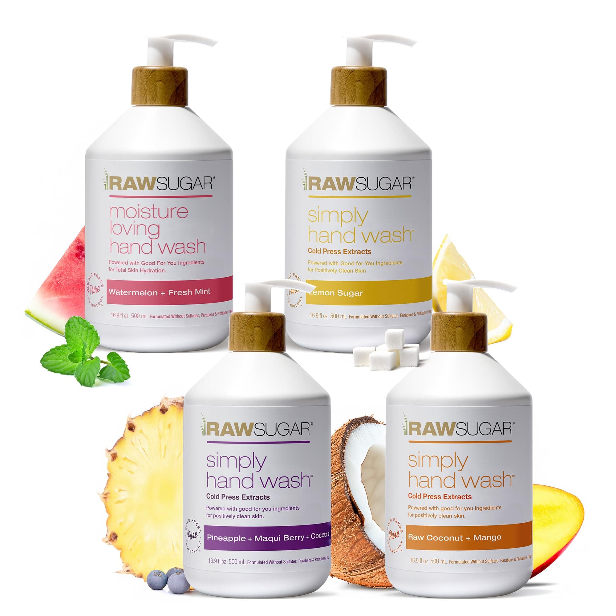 RAW SUGAR Hand Wash Variety Bundle - Lemon Sugar, Watermelon + Fresh Mint, Pineapple + Maqui Berry + Coconut & Raw Coconut + Mango, Formulated without Sulfates & Parabens (16.9 fl. oz, Pack of 4) Variety Pack 16.9 Fl Oz (Pack of 4)