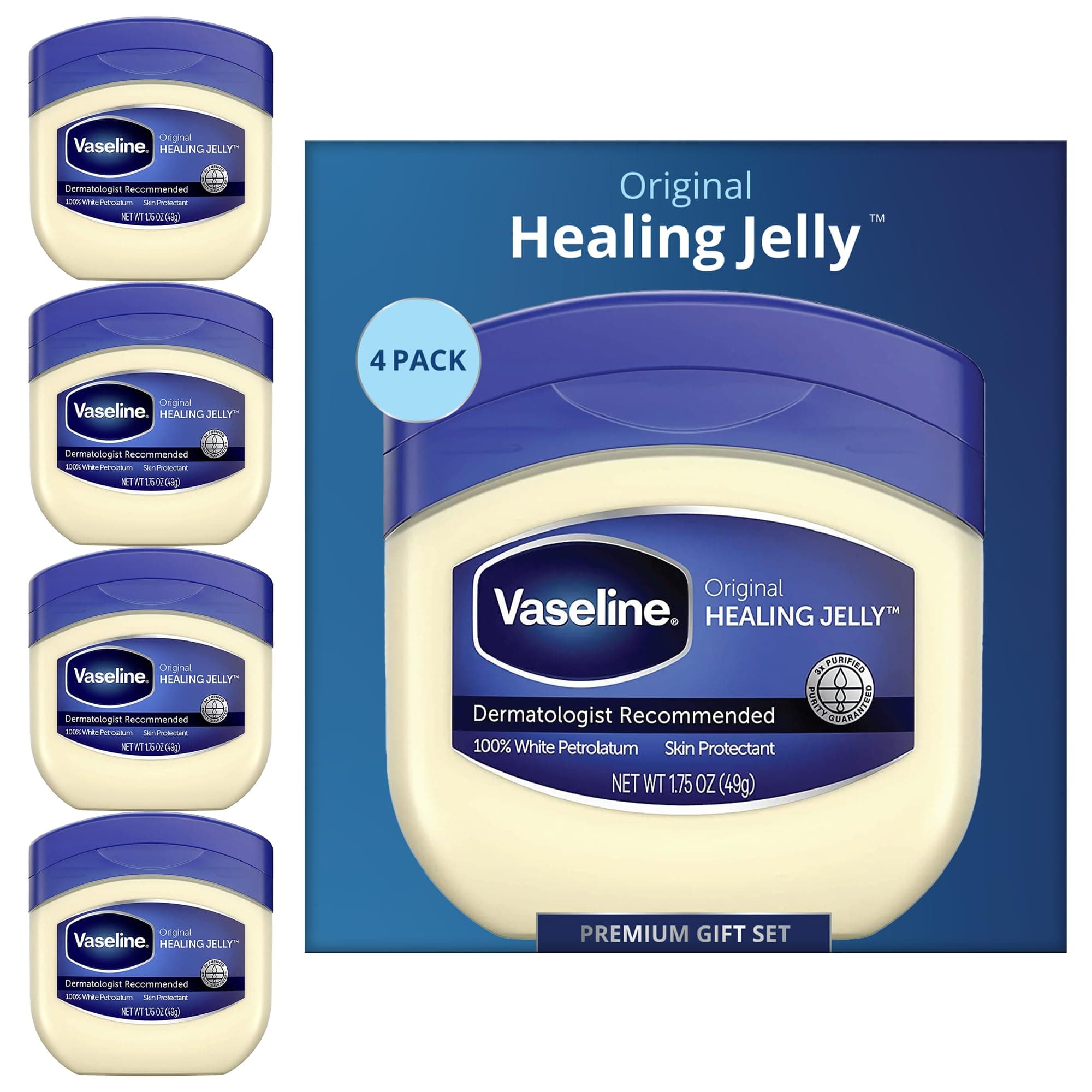 Vaseline Petroleum Jelly 4-Pack – Dermatologist Recommended Skin Protectant, Healing Ointment for Beauty & Personal Care, 1.75 Oz Ea Original 1.75 Ounce (Pack of 4)