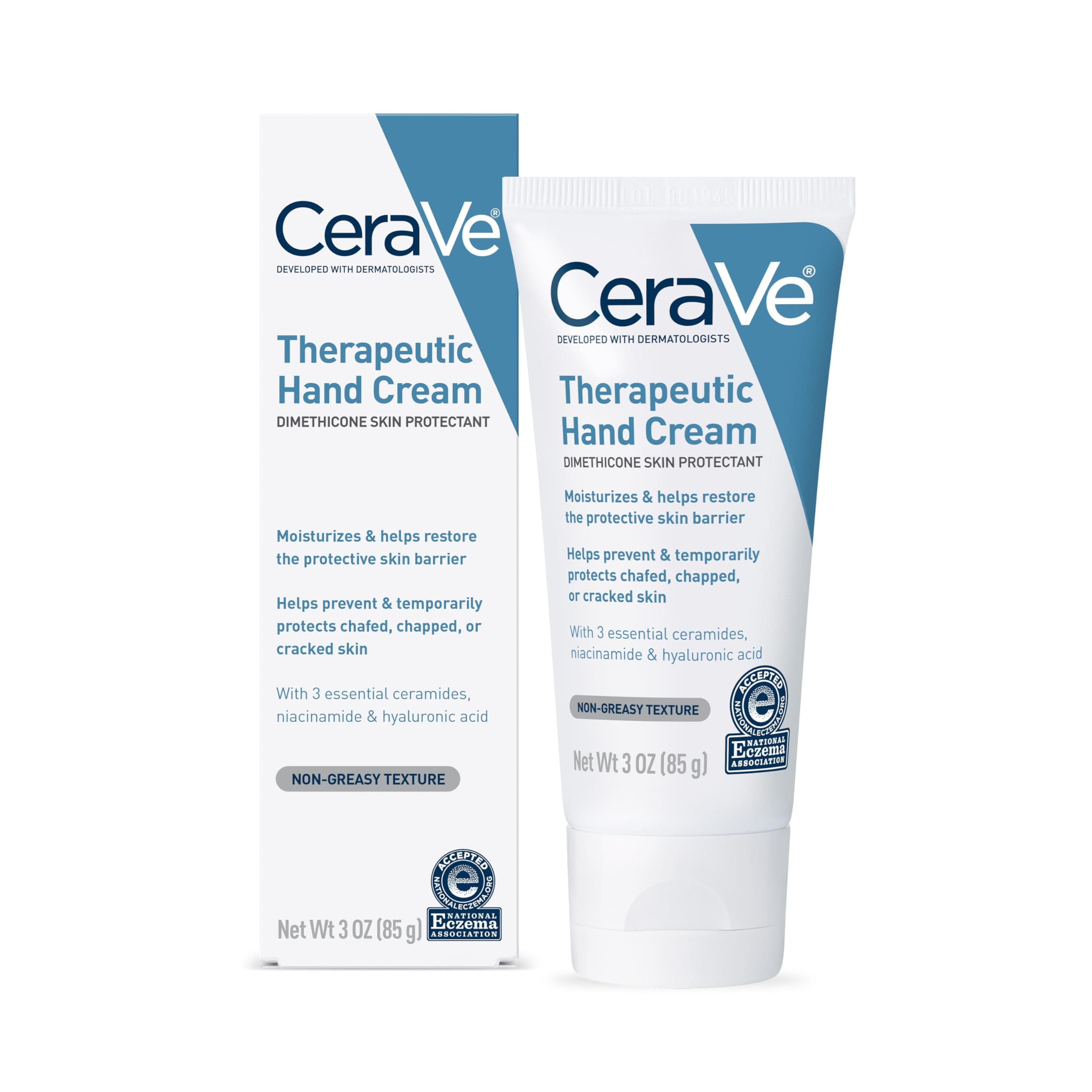 CeraVe Therapeutic Hand Cream for Dry Cracked Hands With Hyaluronic Acid and Niacinamide, Fragrance Free 3 Ounce 3 Ounce (Pack of 1)