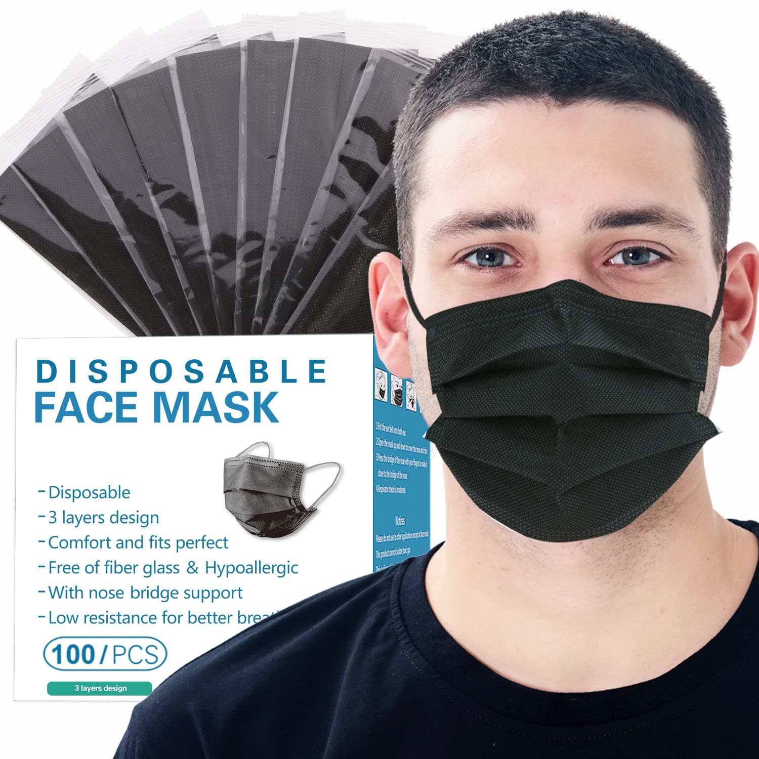 Individually Wrapped Masks 100 Pack Disposable,Face Mask Protection for Adults 3-Layer Filter Safety Face Masks(100, Black) 100 Adult-black