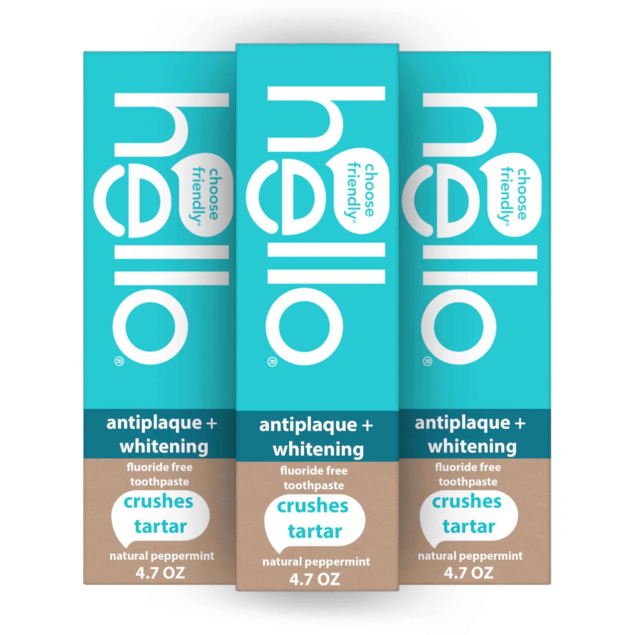hello Antiplaque and Whitening Fluoride Free Toothpaste, Whitening Toothpaste with Coconut Oil and Tea Tree Oil, Helps Whiten Teeth, Natural Peppermint, 3 Pack, 4.7 Oz Tubes 4.7 Ounce (Pack of 3) Antiplaque & Whitening