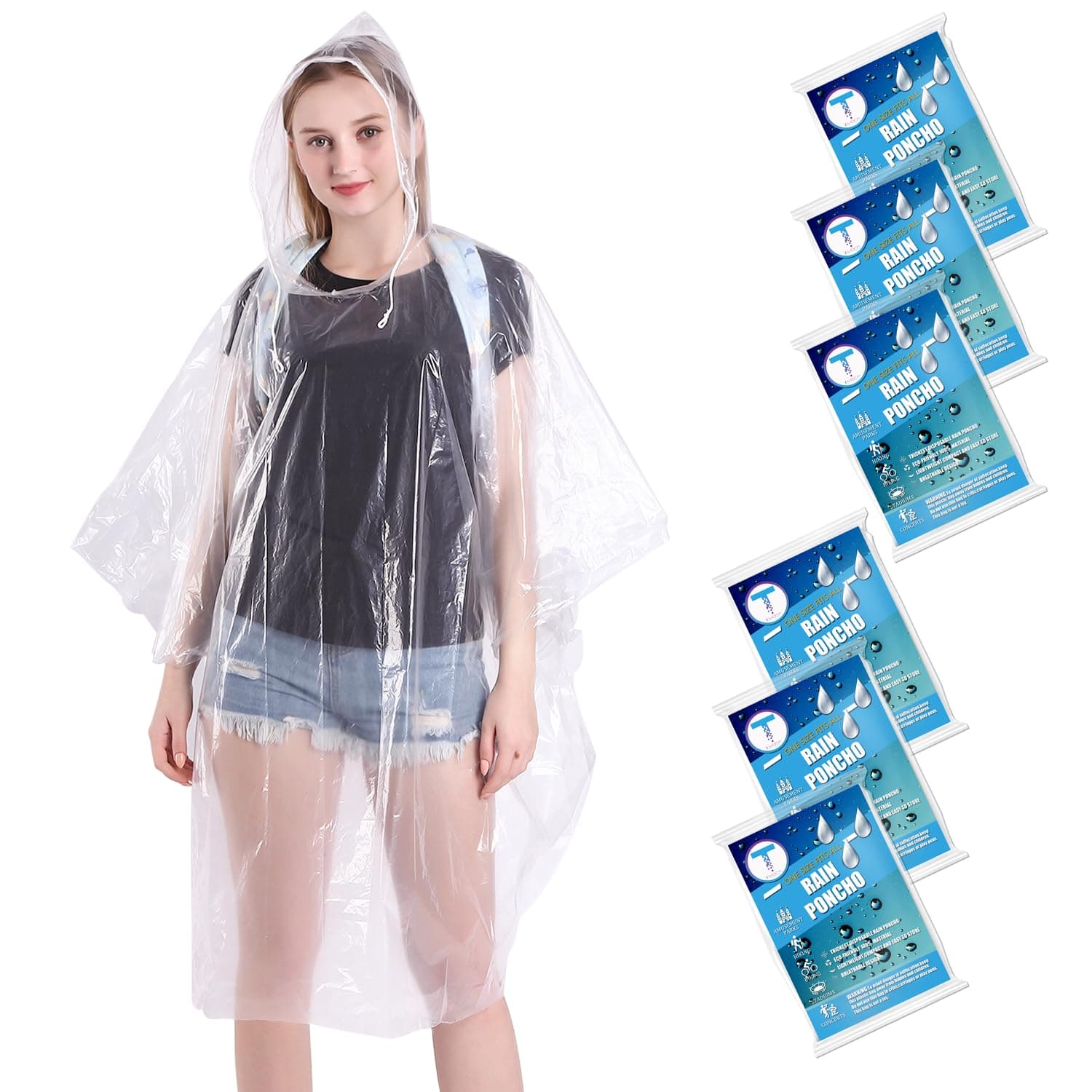 Disposable Rain Ponchos 6 Pack for Adults/Kids/Family Set-50% Thicker Emergency Ponchos One Size Clear 6 Pack