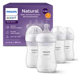 Philips Avent Natural Baby Bottles with Natural Response Nipples (Medium Flow, Flow 3), 9oz, 4-Pack, SCY903/04 Clear 4 Count (Pack of 1) Natural 9oz