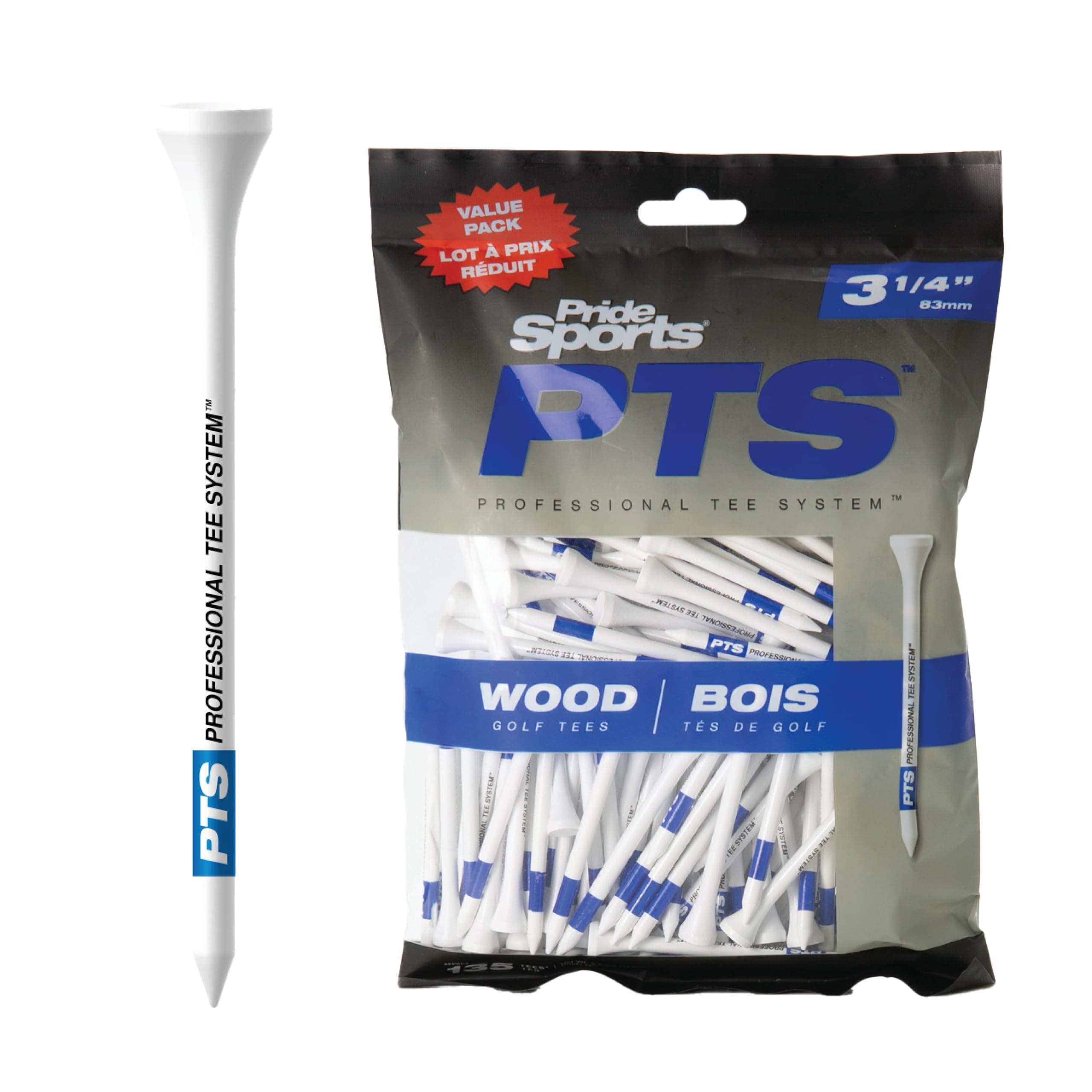 PrideSports PTS Wood Golf Tees | 135 Count, 3-1/4 Inch | #1 Wood Tee on Tour | Best for Drivers & Woods 3-1/4" 135 Count