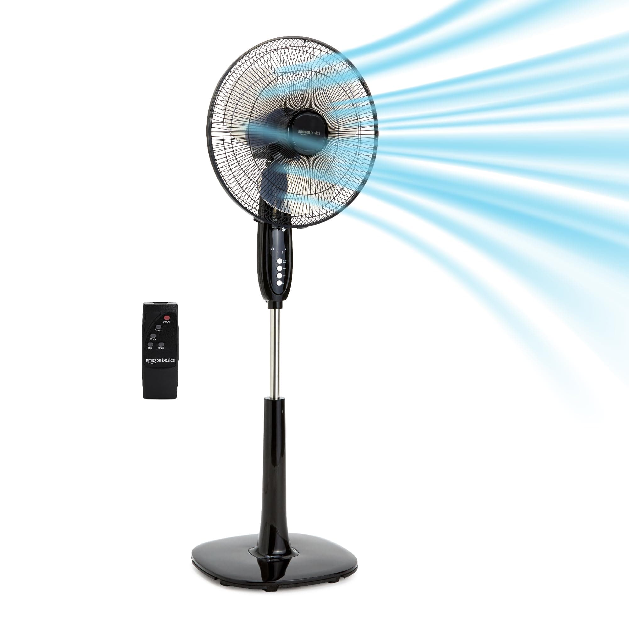 Amazon Basics 16" Pedestal Fan with Remote, Floor Fan, Standing Fan for Bedroom, Living Room, Office, with 3 Speeds, 3 Modes, Timer, Dual-Layered Blades, Adjustable Height, Tilt Head, 60W, Black 3-Speed, AC Motor