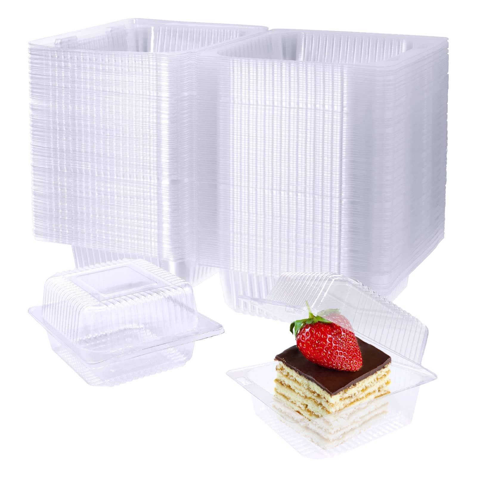 100 Pack Clear Plastic Square Hinged Food Container,Disposable Plastic To Go Containers with Clear Lids,Cake Slice Containers Clamshell Takeout Tray for Pastry,Salad,Dessert(5.1"x 4.7"x 2.8") 100PCS