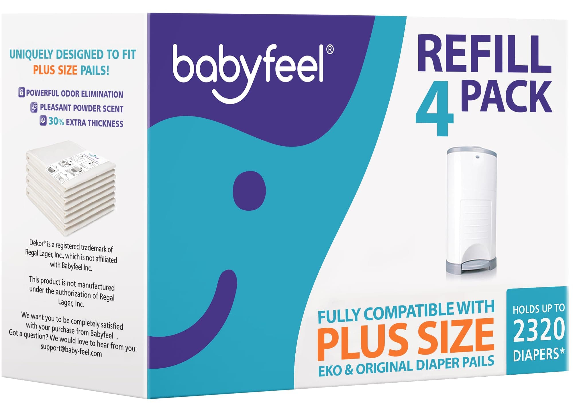 Babyfeel Refills Compatible with DEKOR PLUS Diaper Pails | 4 Pack | Exclusive 30% Extra Thickness | Diaper Pail Refills with Powerful Odor Elimination | Fresh Powder Scent | Holds up to 2320 Diapers 4 Count (Pack of 1)