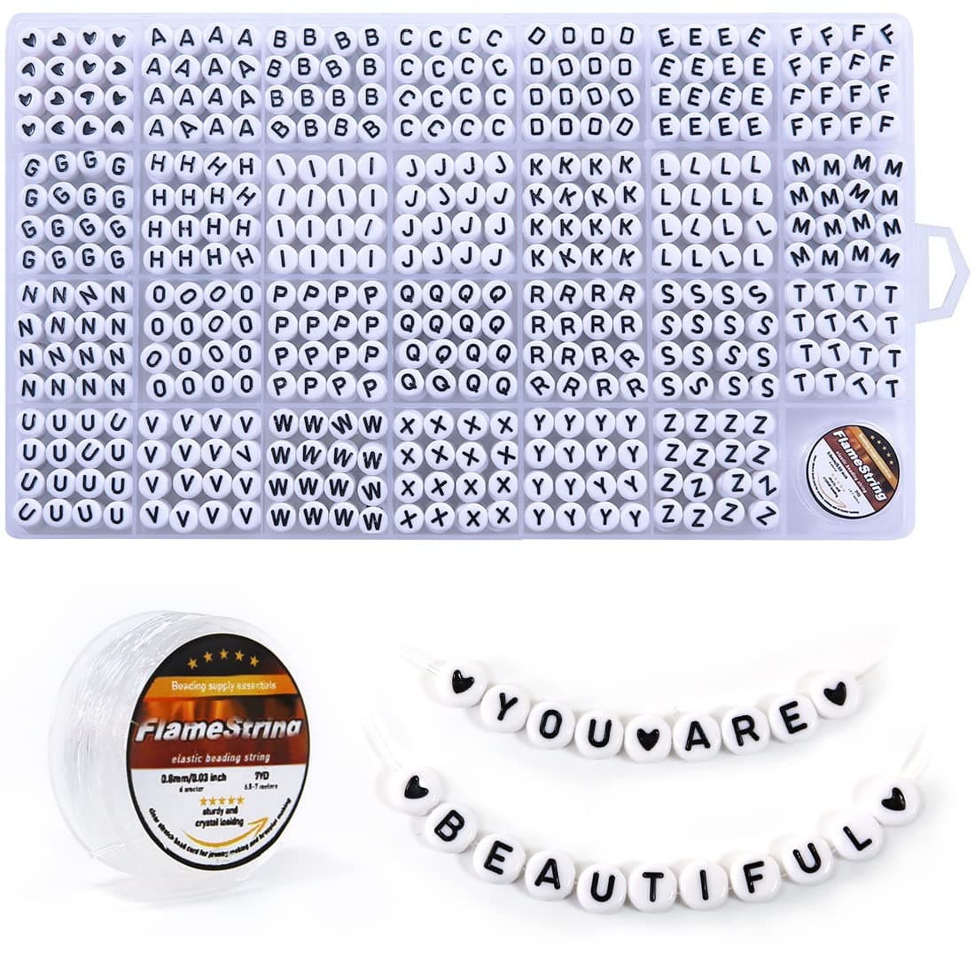 Eppingwin 1400 pcs Letter Beads, 4x7 mm Acrylic Beads, Beads for Jewelry Making, Beads for Bracelet Making, Alphabet Beads, in 28 Grid Box (White and Black) 4 x 7 mm (Round beads, 1mm hole) Black Letters & White Base